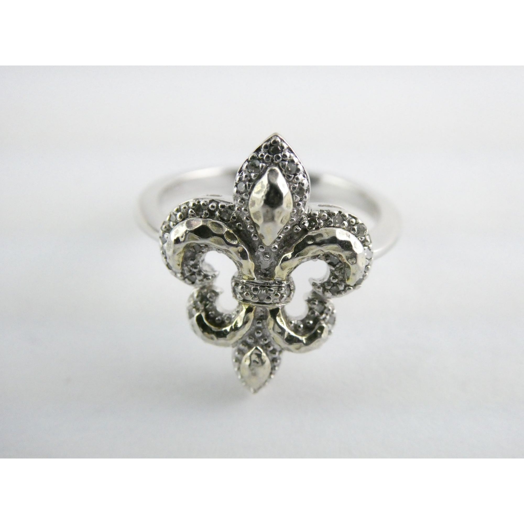 EA Designer Sterling Silver Natural Diamond Accent Fleur De Lis Ring Size 7.75