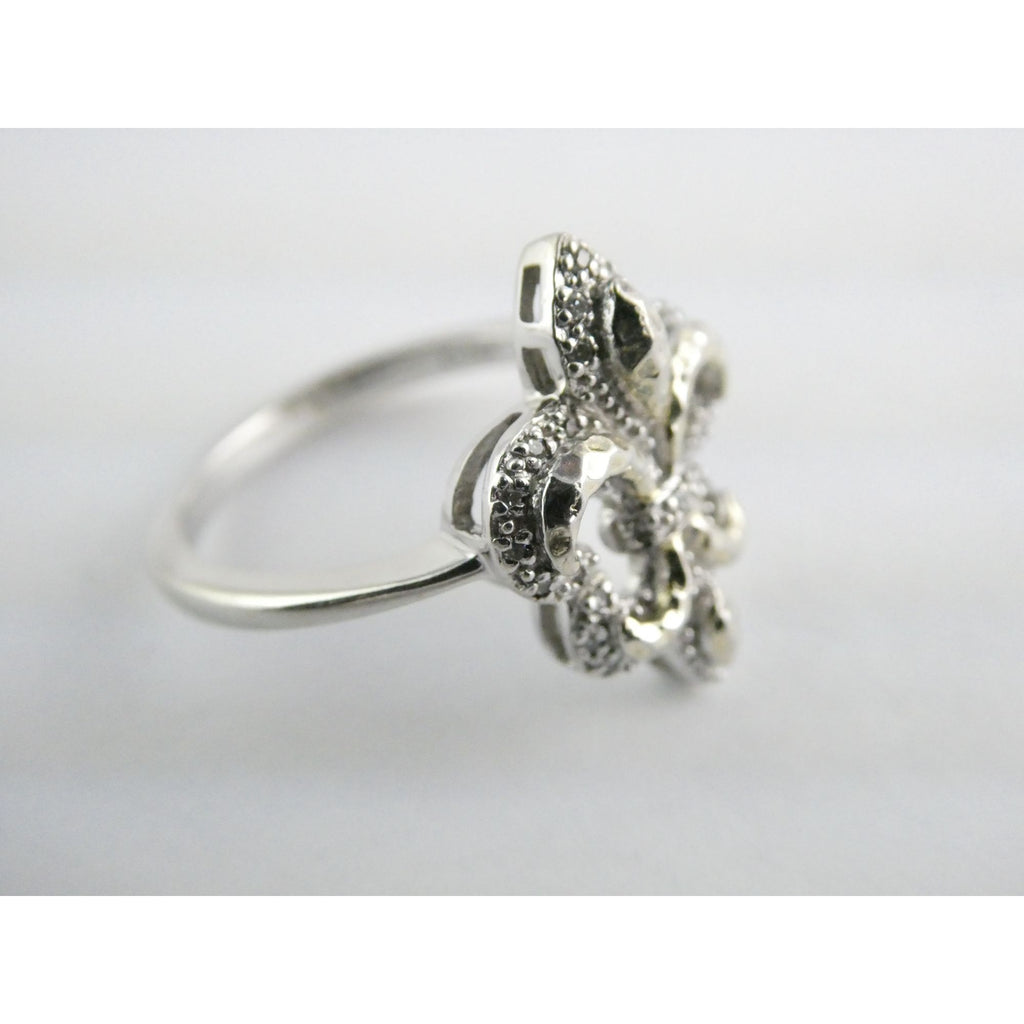 EA Designer Sterling Silver Natural Diamond Accent Fleur De Lis Ring Size 7.75