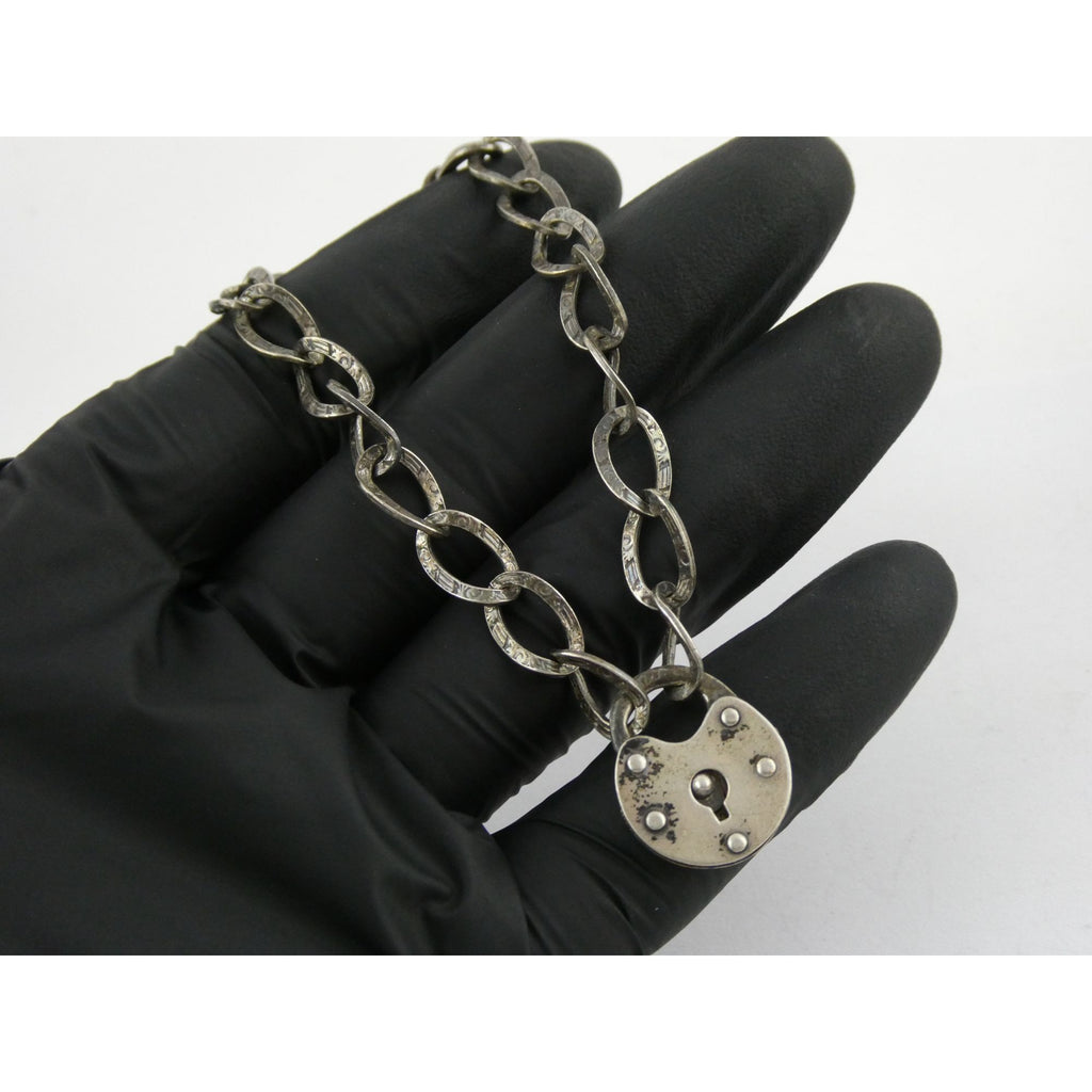 Antique Sterling Silver Lock Clasp Hand Textured Link Chain Bracelet 7.5 Inches