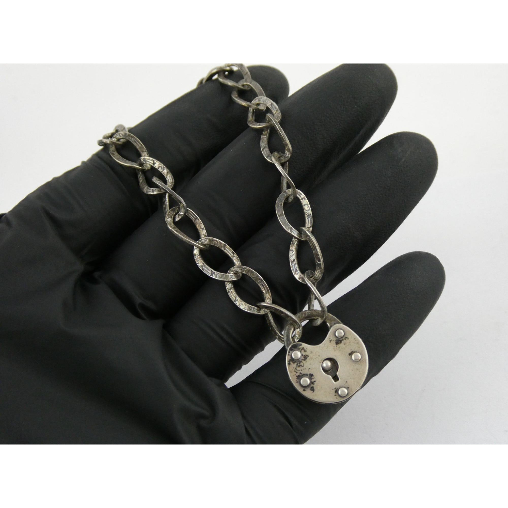 Antique Sterling Silver Lock Clasp Hand Textured Link Chain Bracelet 7.5 Inches