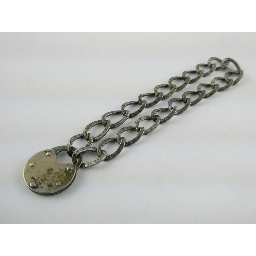 Antique Sterling Silver Lock Clasp Hand Textured Link Chain Bracelet 7.5 Inches