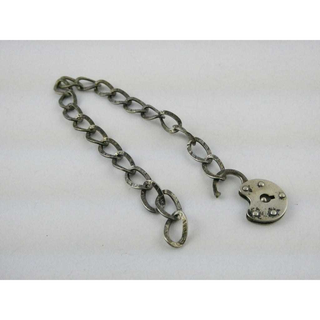 Antique Sterling Silver Lock Clasp Hand Textured Link Chain Bracelet 7.5 Inches