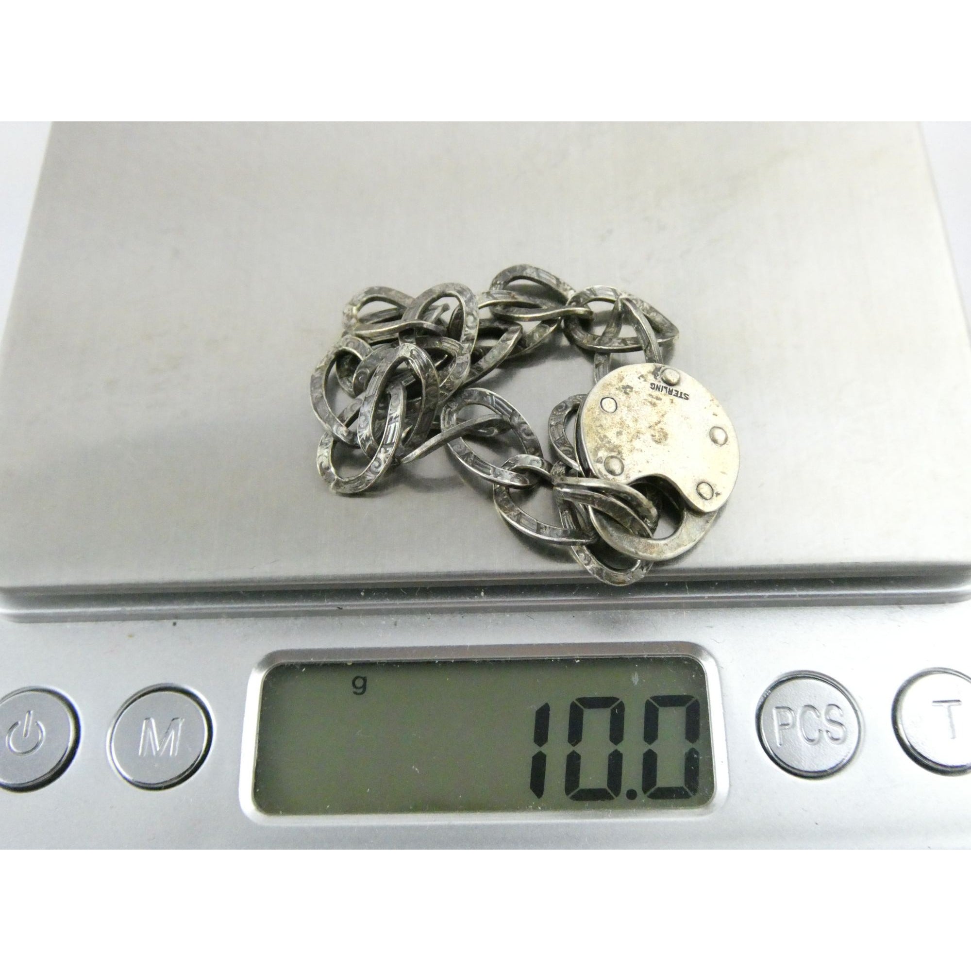 Antique Sterling Silver Lock Clasp Hand Textured Link Chain Bracelet 7.5 Inches
