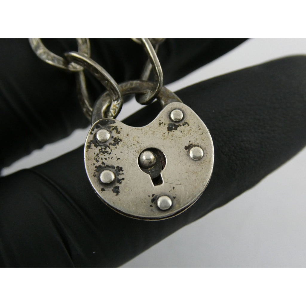 Antique Sterling Silver Lock Clasp Hand Textured Link Chain Bracelet 7.5 Inches
