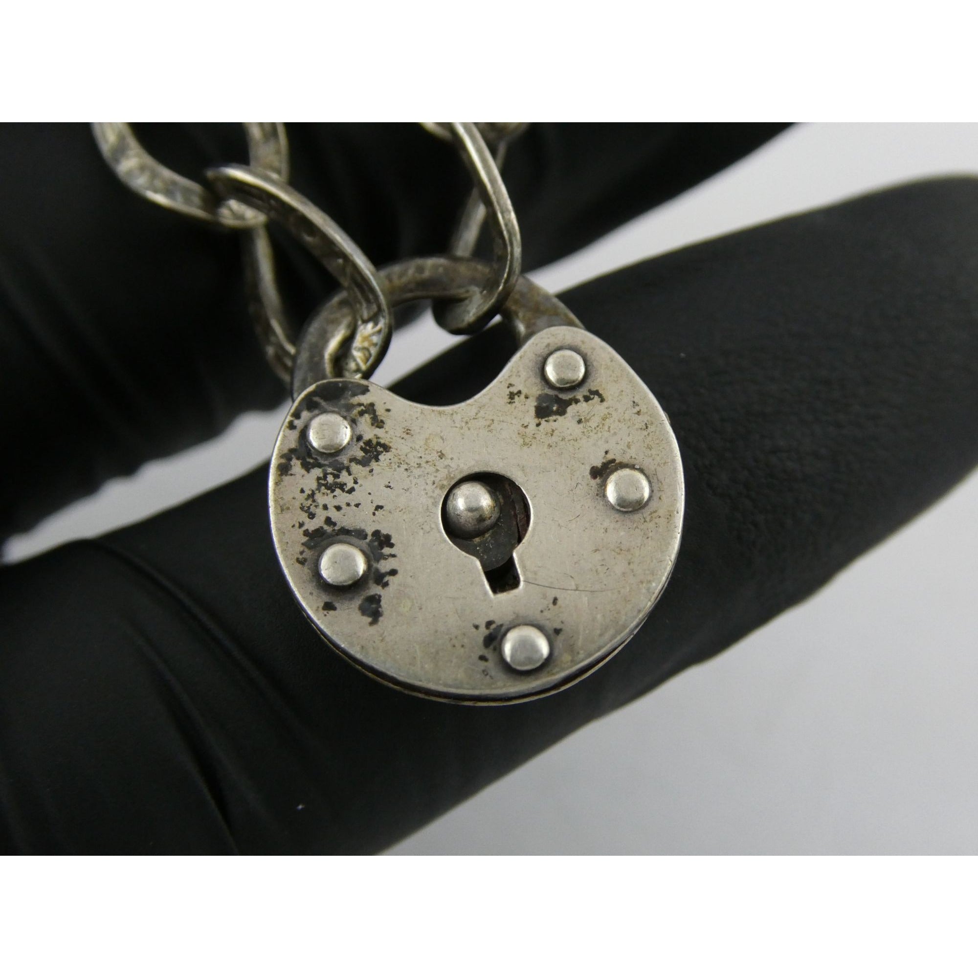 Antique Sterling Silver Lock Clasp Hand Textured Link Chain Bracelet 7.5 Inches