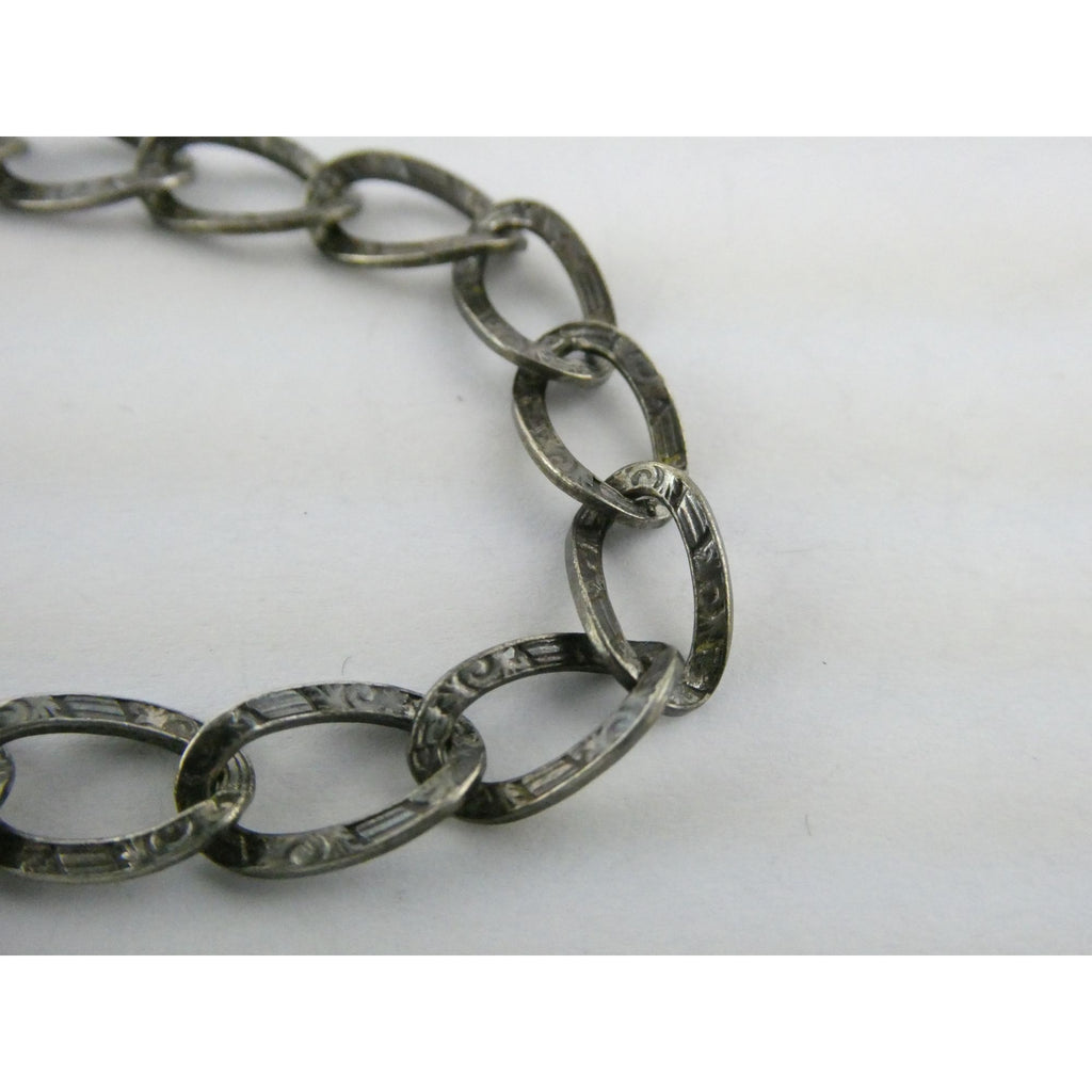 Antique Sterling Silver Lock Clasp Hand Textured Link Chain Bracelet 7.5 Inches