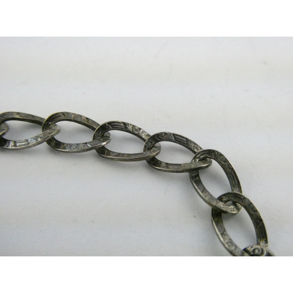 Antique Sterling Silver Lock Clasp Hand Textured Link Chain Bracelet 7.5 Inches