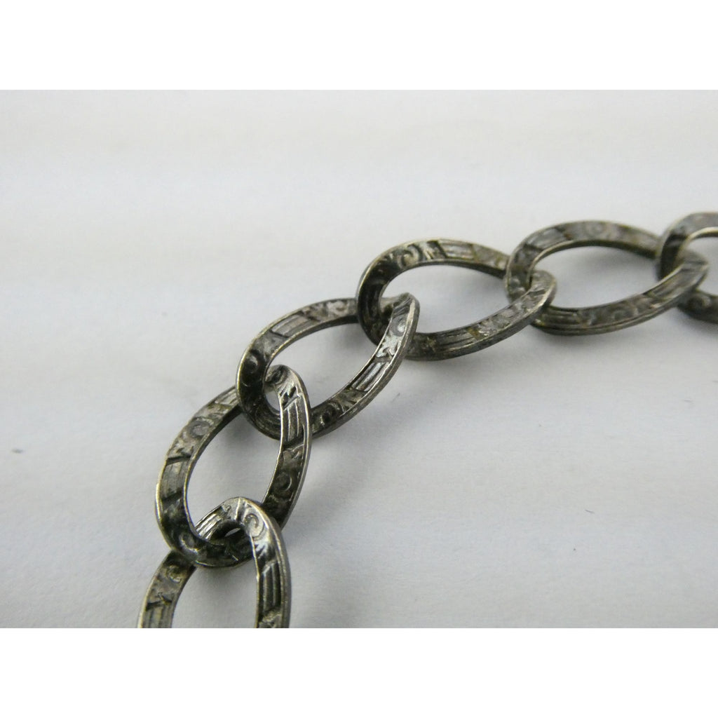 Antique Sterling Silver Lock Clasp Hand Textured Link Chain Bracelet 7.5 Inches