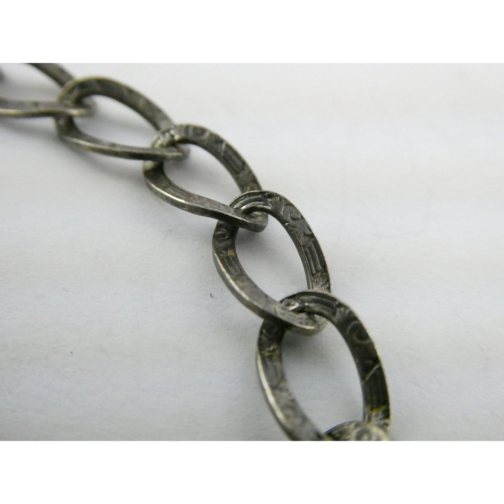 Antique Sterling Silver Lock Clasp Hand Textured Link Chain Bracelet 7.5 Inches