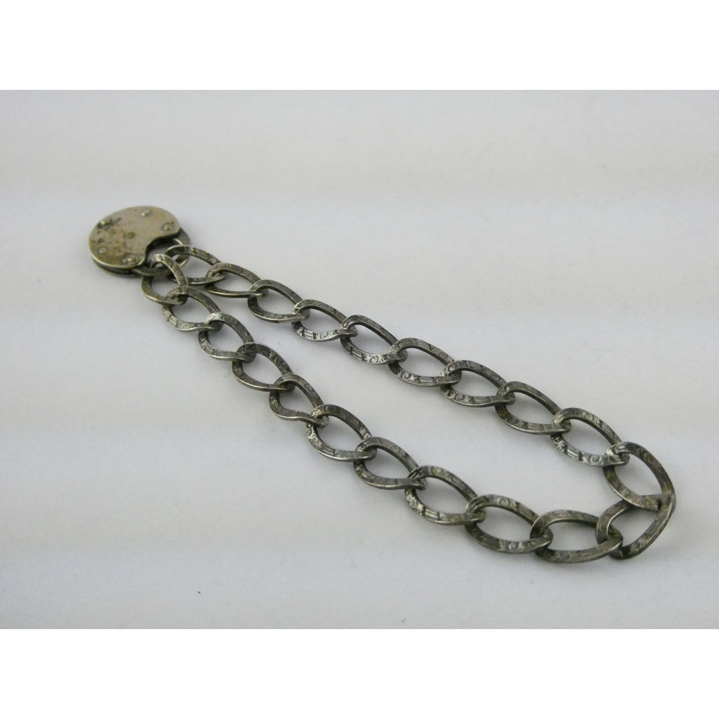 Antique Sterling Silver Lock Clasp Hand Textured Link Chain Bracelet 7.5 Inches
