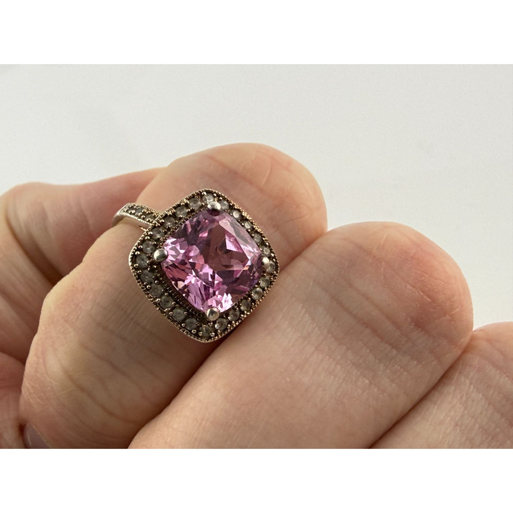Gilt Sterling Silver Pink Sapphire and White Topaz Halo Ring 925 Size 7.25 2.8g