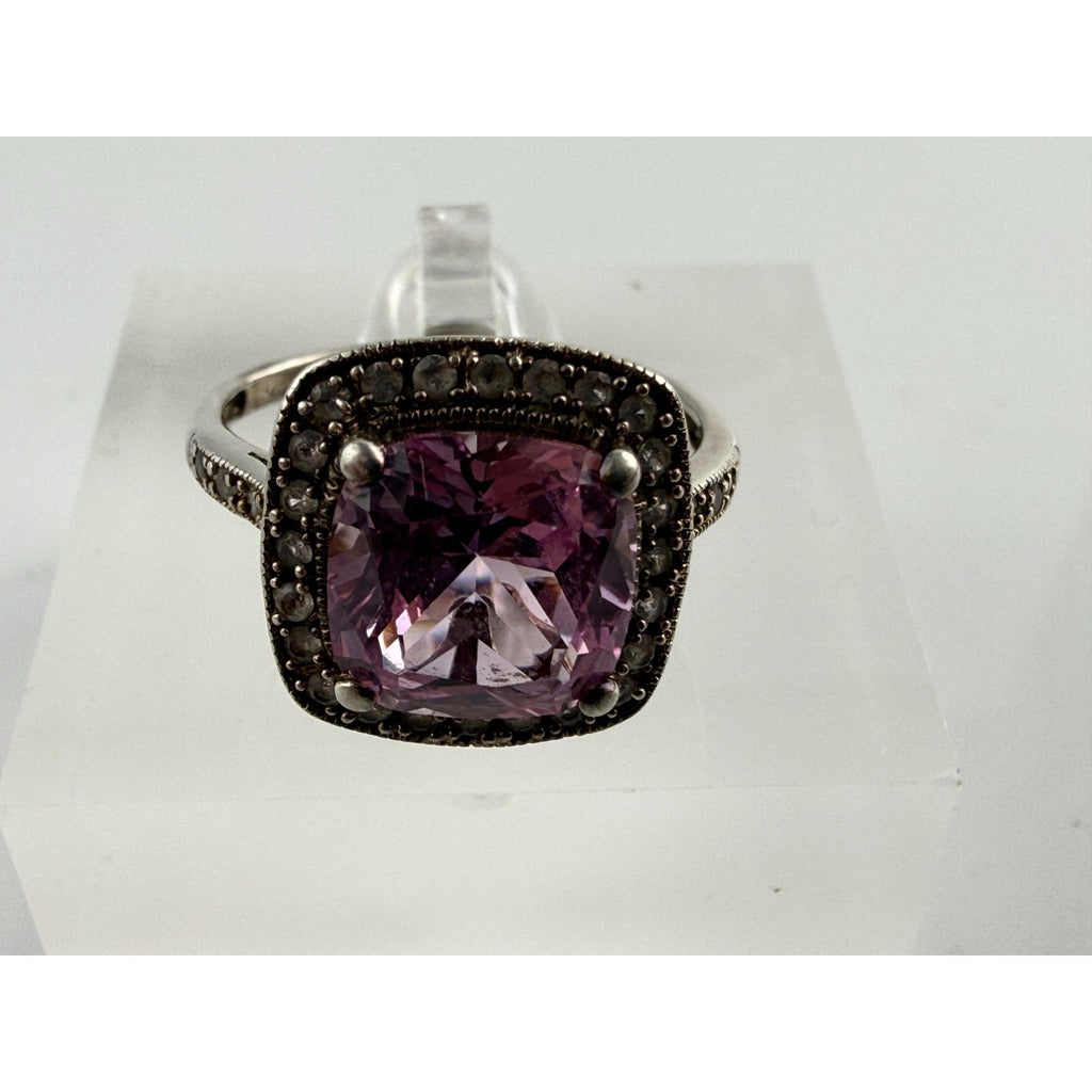 Gilt Sterling Silver Pink Sapphire and White Topaz Halo Ring 925 Size 7.25 2.8g