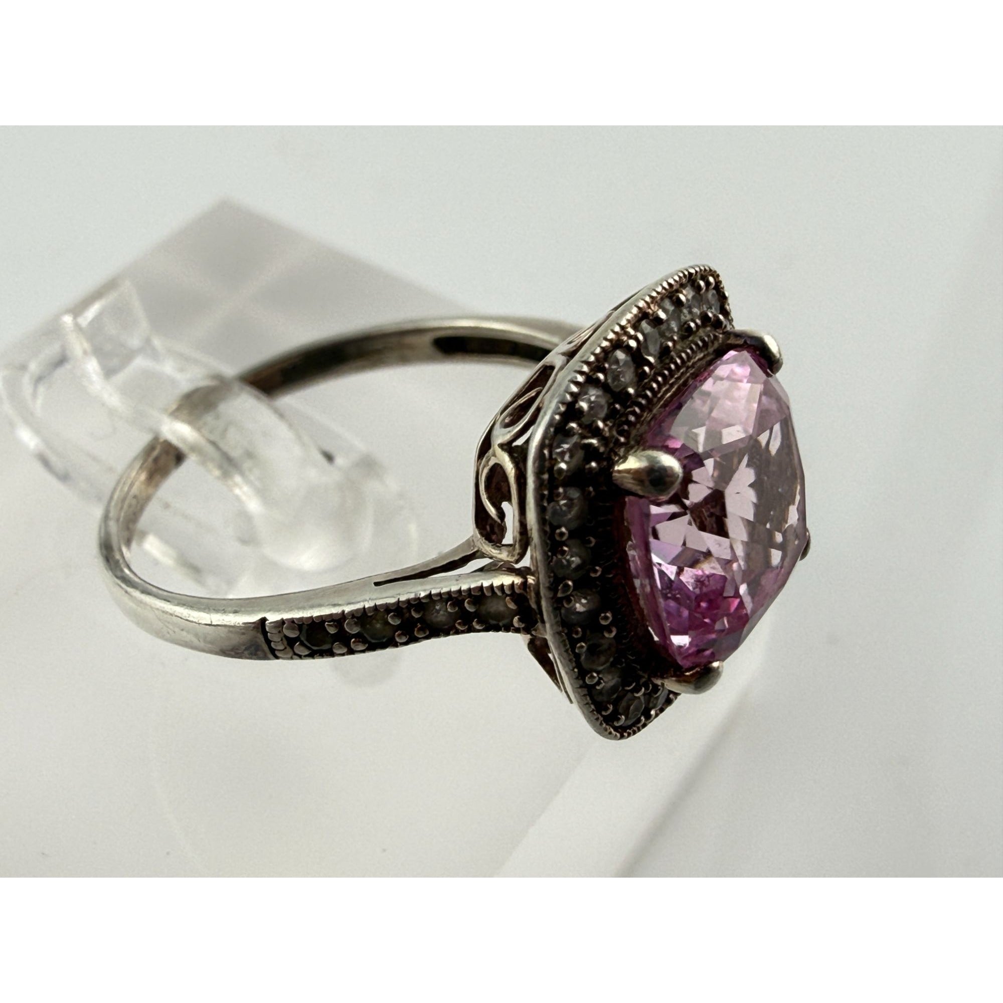 Gilt Sterling Silver Pink Sapphire and White Topaz Halo Ring 925 Size 7.25 2.8g