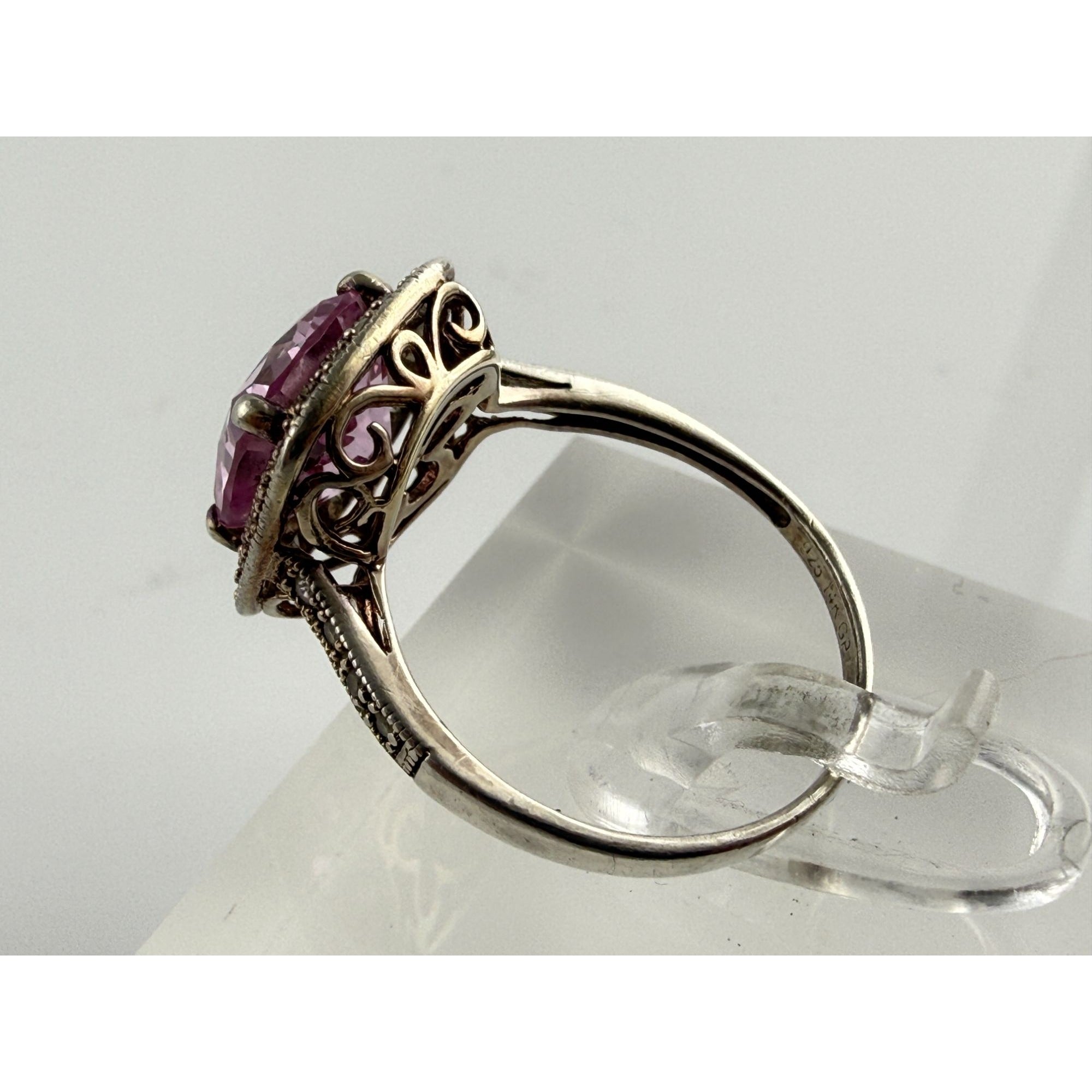 Gilt Sterling Silver Pink Sapphire and White Topaz Halo Ring 925 Size 7.25 2.8g
