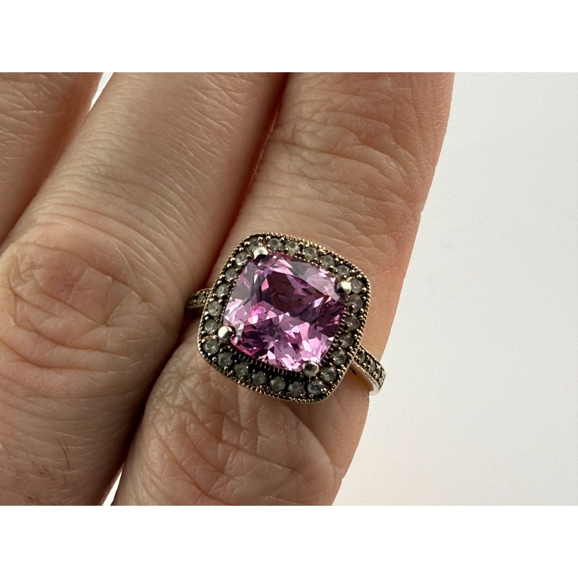 Gilt Sterling Silver Pink Sapphire and White Topaz Halo Ring 925 Size 7.25 2.8g