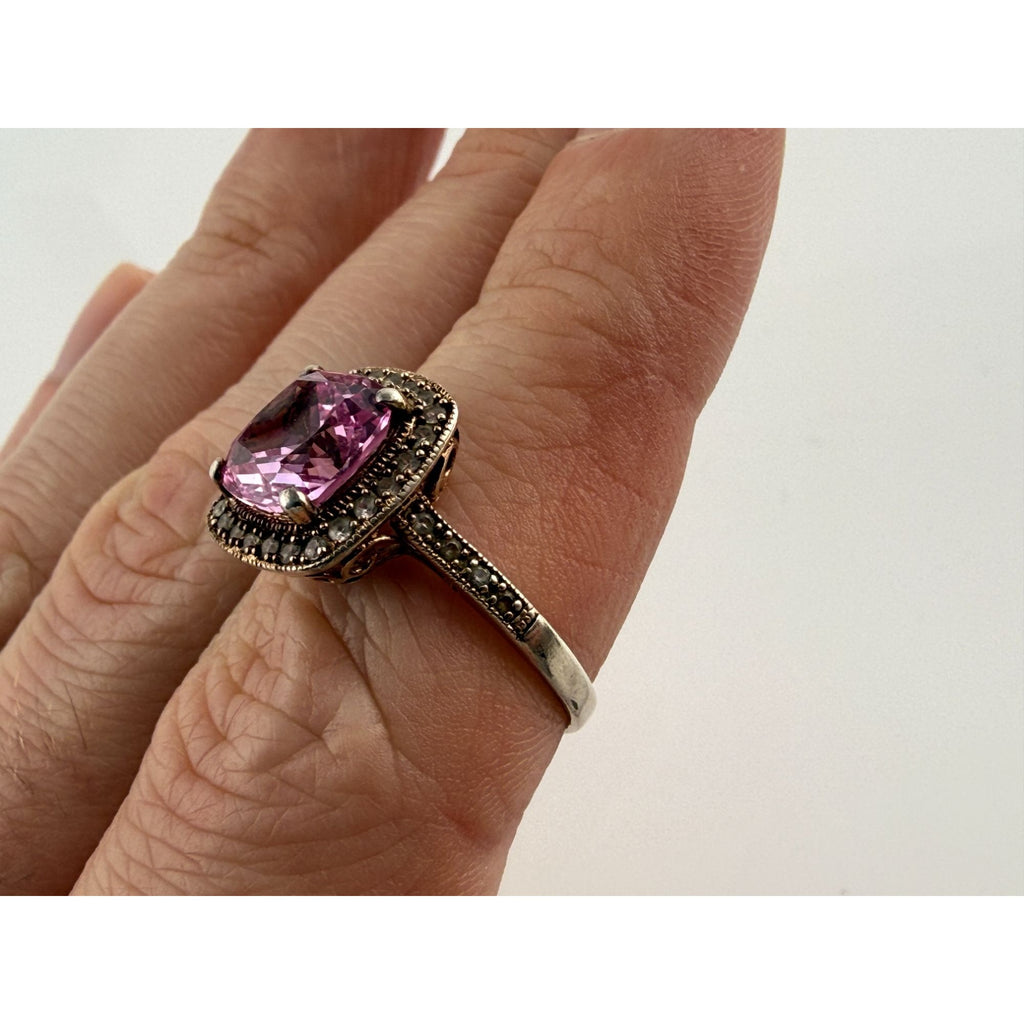 Gilt Sterling Silver Pink Sapphire and White Topaz Halo Ring 925 Size 7.25 2.8g