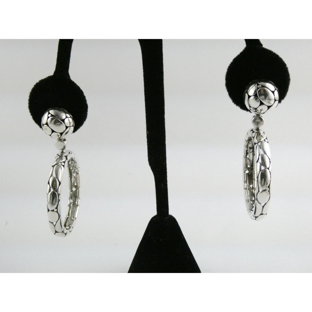 John Hardy Kali Sterling Silver Pebble Design Drop Hoop Earrings 20g 52mm Length