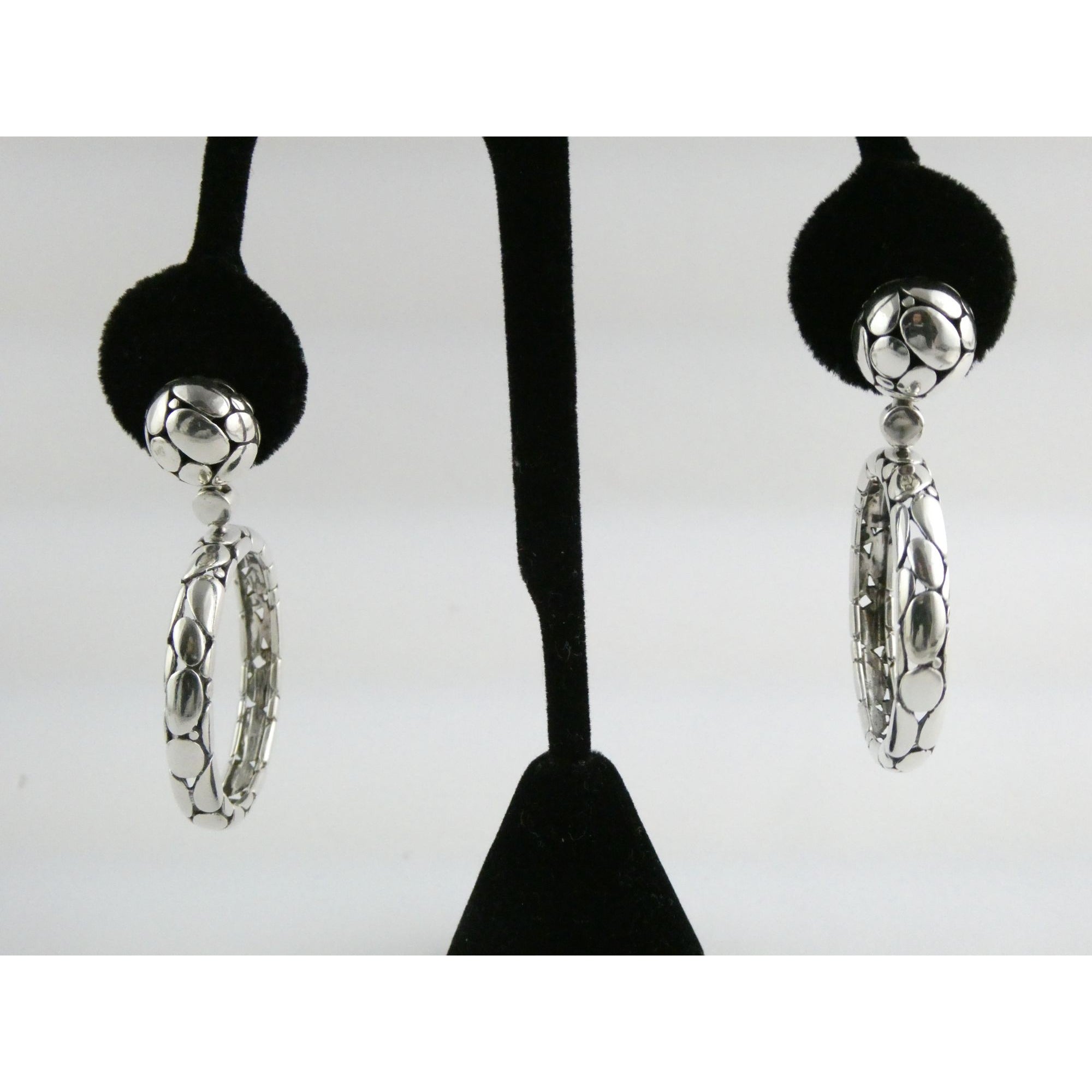 John Hardy Kali Sterling Silver Pebble Design Drop Hoop Earrings 20g 52mm Length