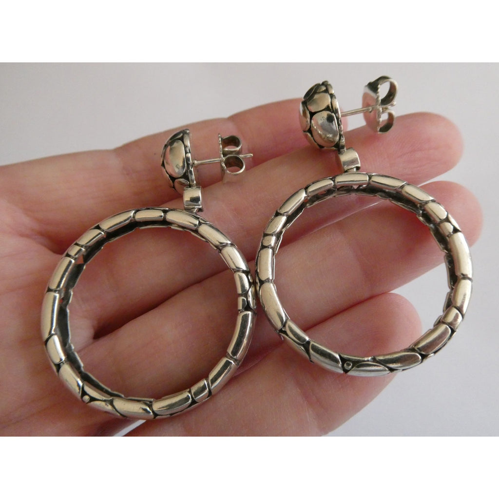 John Hardy Kali Sterling Silver Pebble Design Drop Hoop Earrings 20g 52mm Length