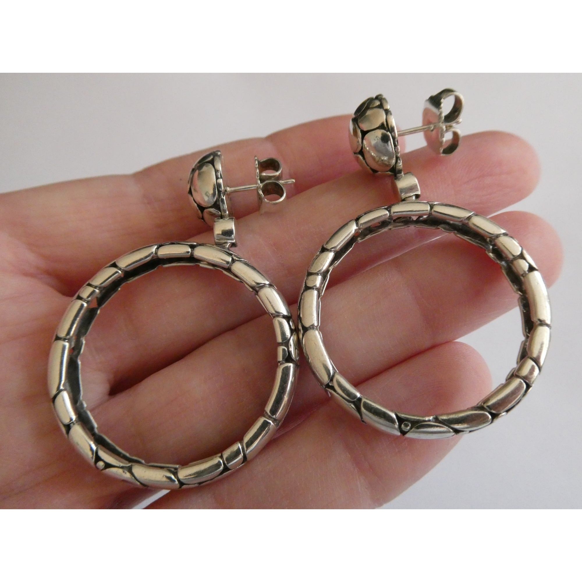 John Hardy Kali Sterling Silver Pebble Design Drop Hoop Earrings 20g 52mm Length