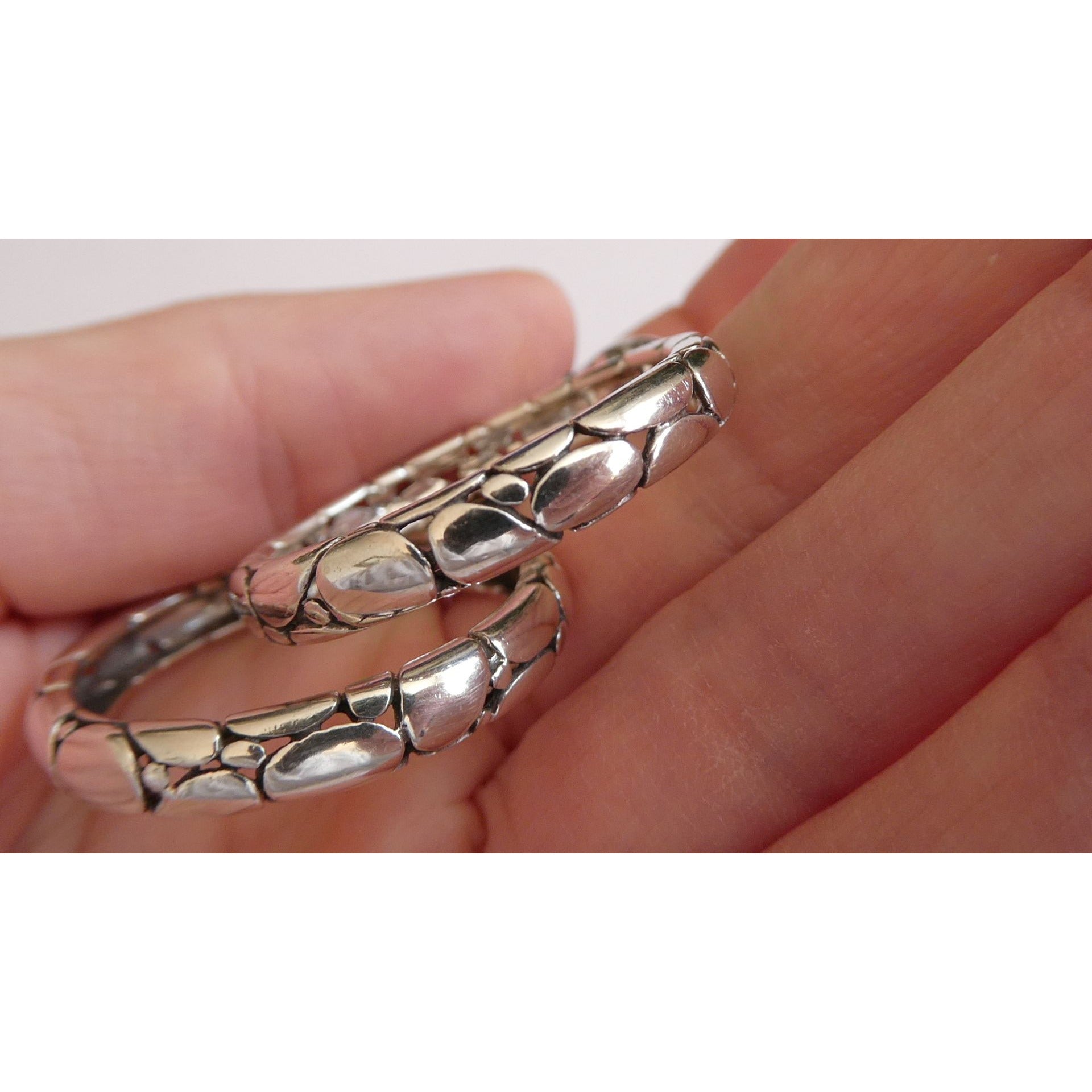 John Hardy Kali Sterling Silver Pebble Design Drop Hoop Earrings 20g 52mm Length