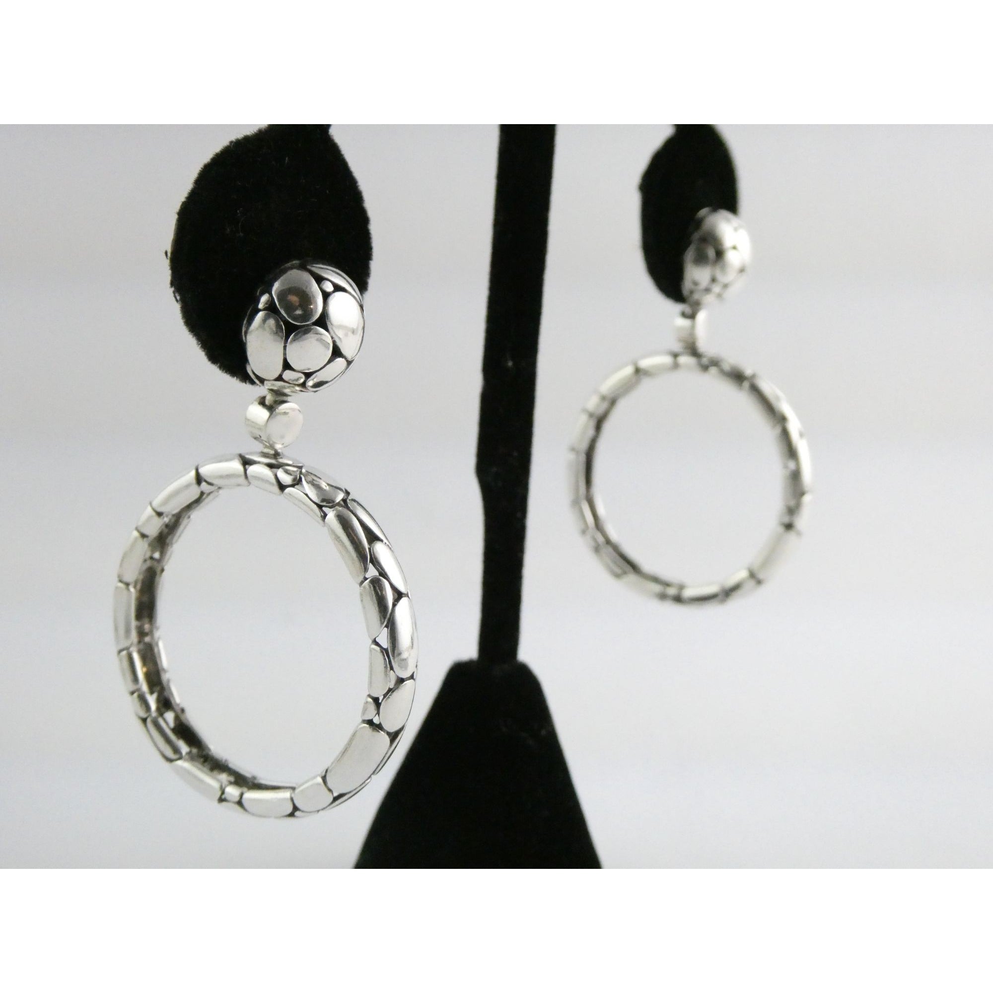 John Hardy Kali Sterling Silver Pebble Design Drop Hoop Earrings 20g 52mm Length