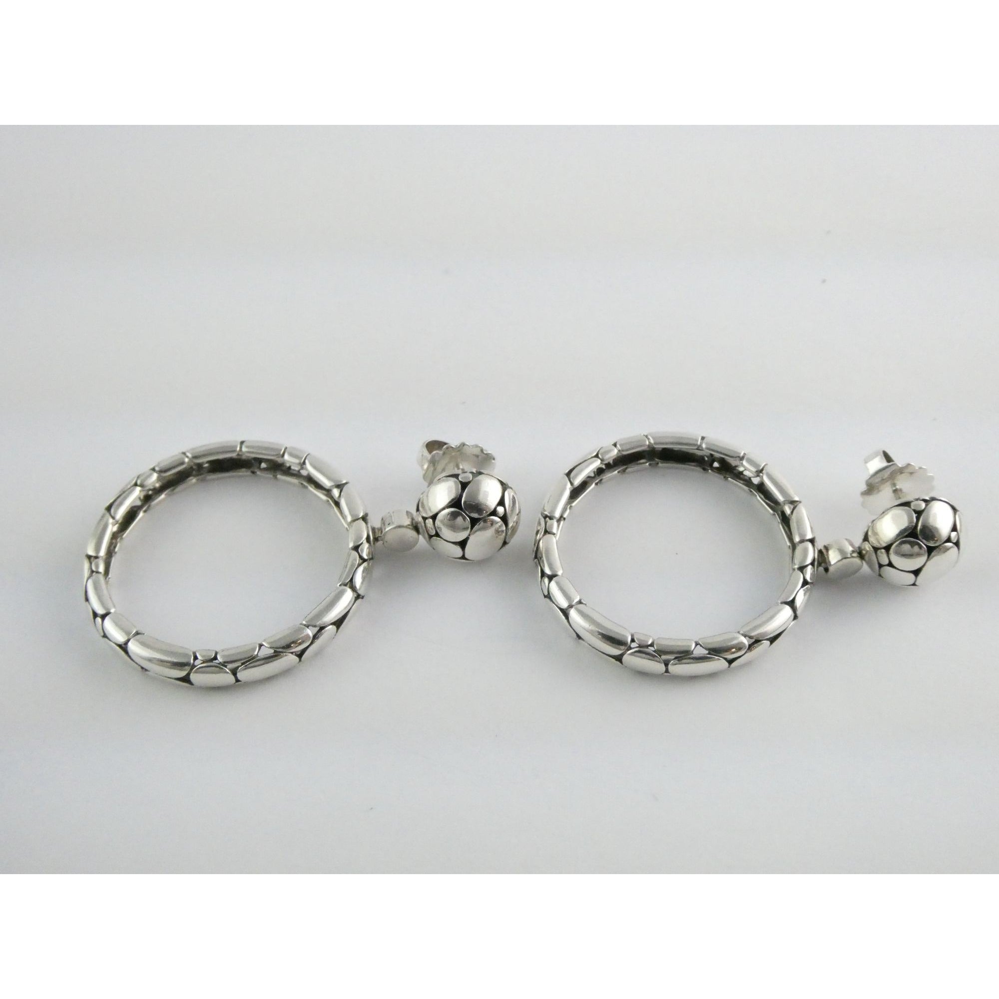 John Hardy Kali Sterling Silver Pebble Design Drop Hoop Earrings 20g 52mm Length