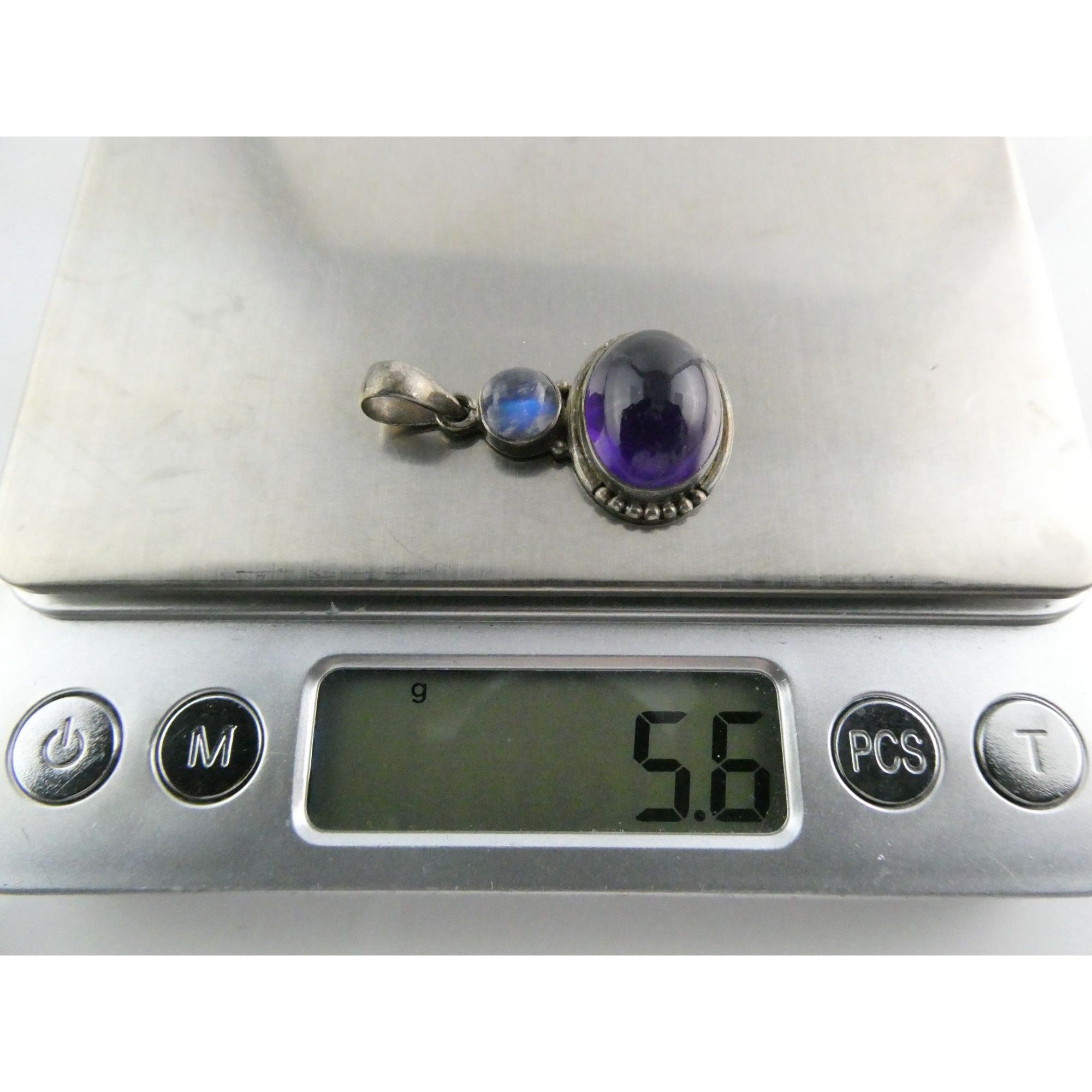 Vintage Sterling Silver Deep Purple Amethyst and Blue Moonstone Pendant 5g 33mm