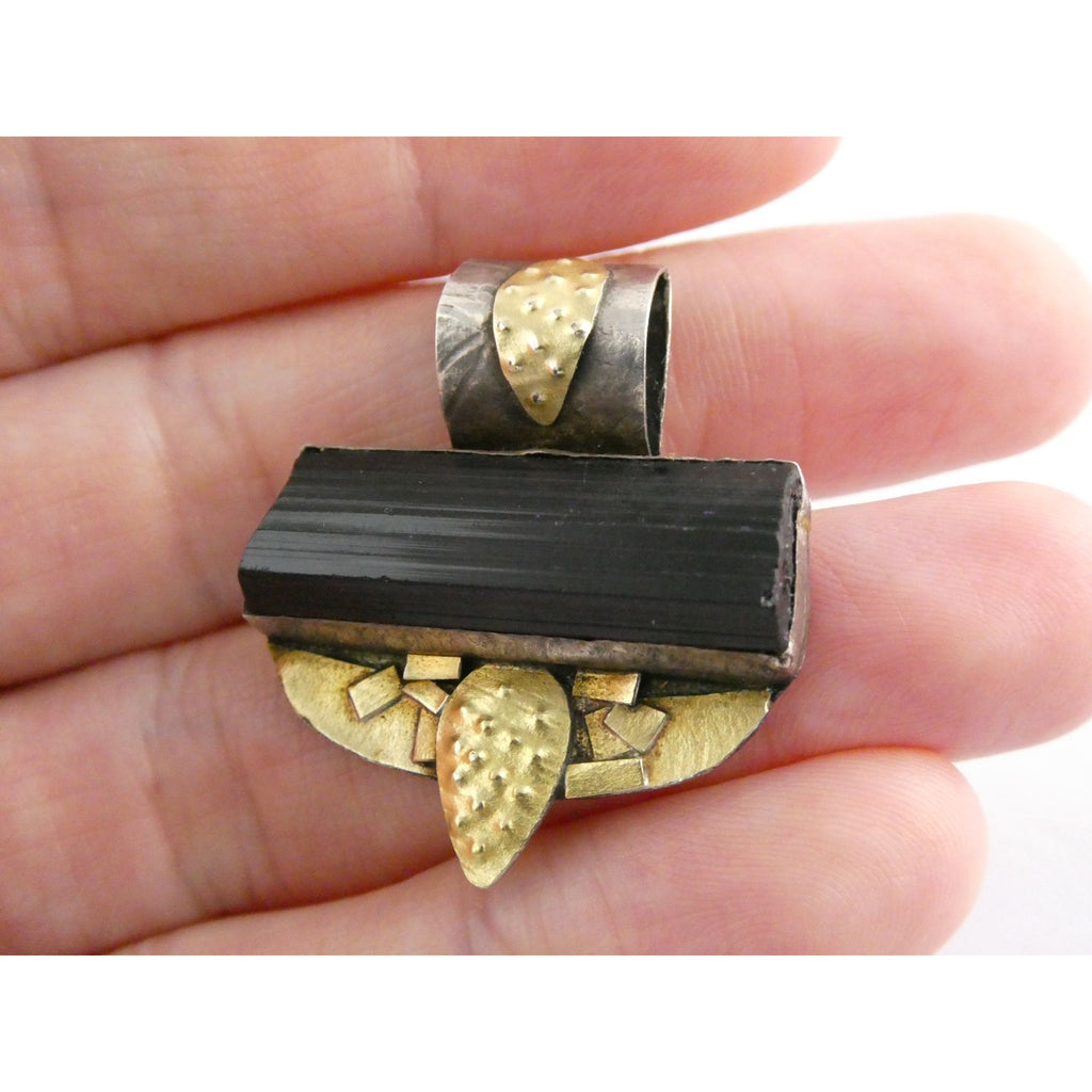 Handmade Signed Sterling Silver Mixed Metals Black Tourmaline Pendant 2006