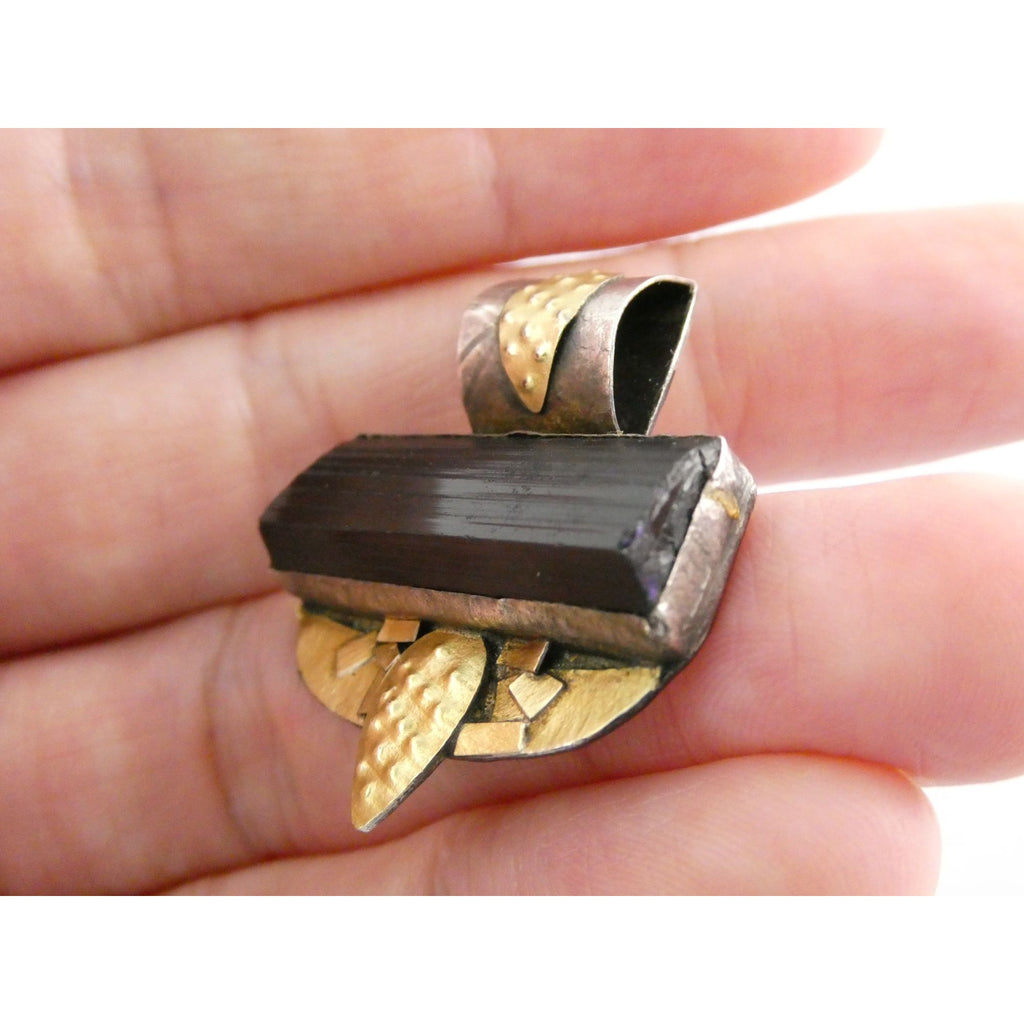 Handmade Signed Sterling Silver Mixed Metals Black Tourmaline Pendant 2006