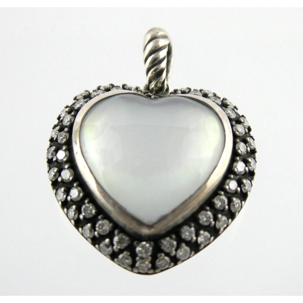 David Yurman Sterling Silver Mother of Pearl Heart Natural Diamond Halo Pendant
