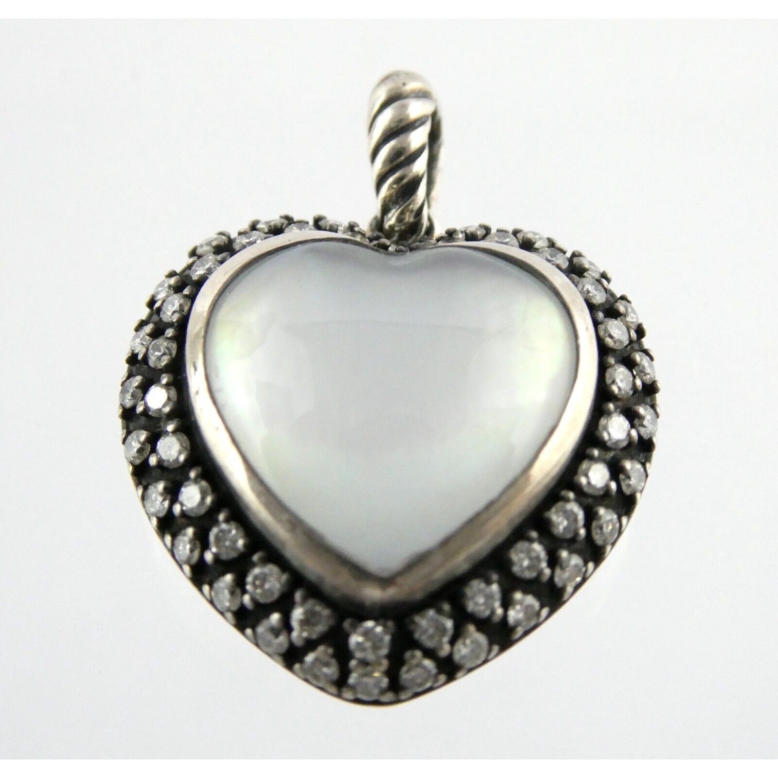 David Yurman Sterling Silver Mother of Pearl Heart Natural Diamond Halo Pendant