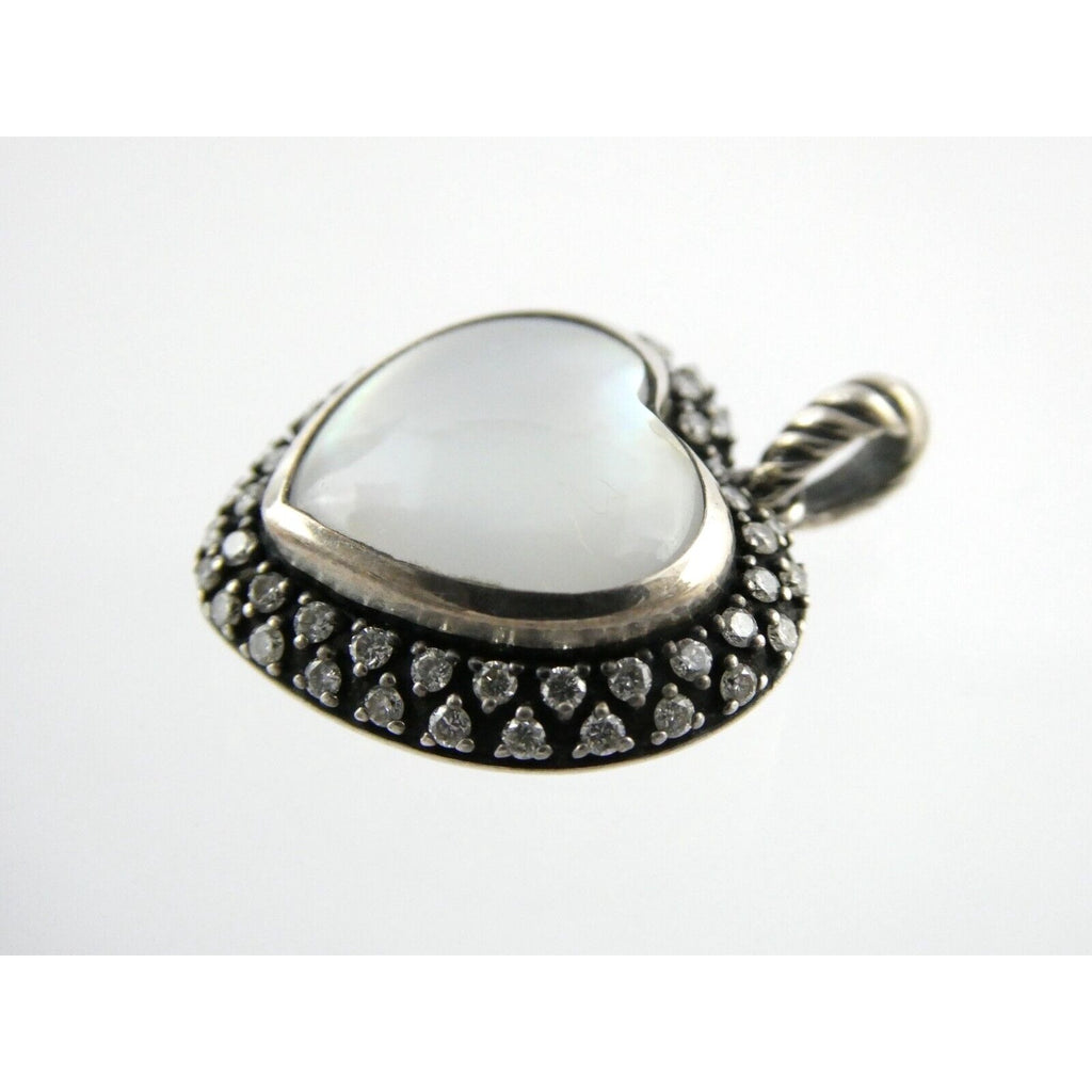 David Yurman Sterling Silver Mother of Pearl Heart Natural Diamond Halo Pendant