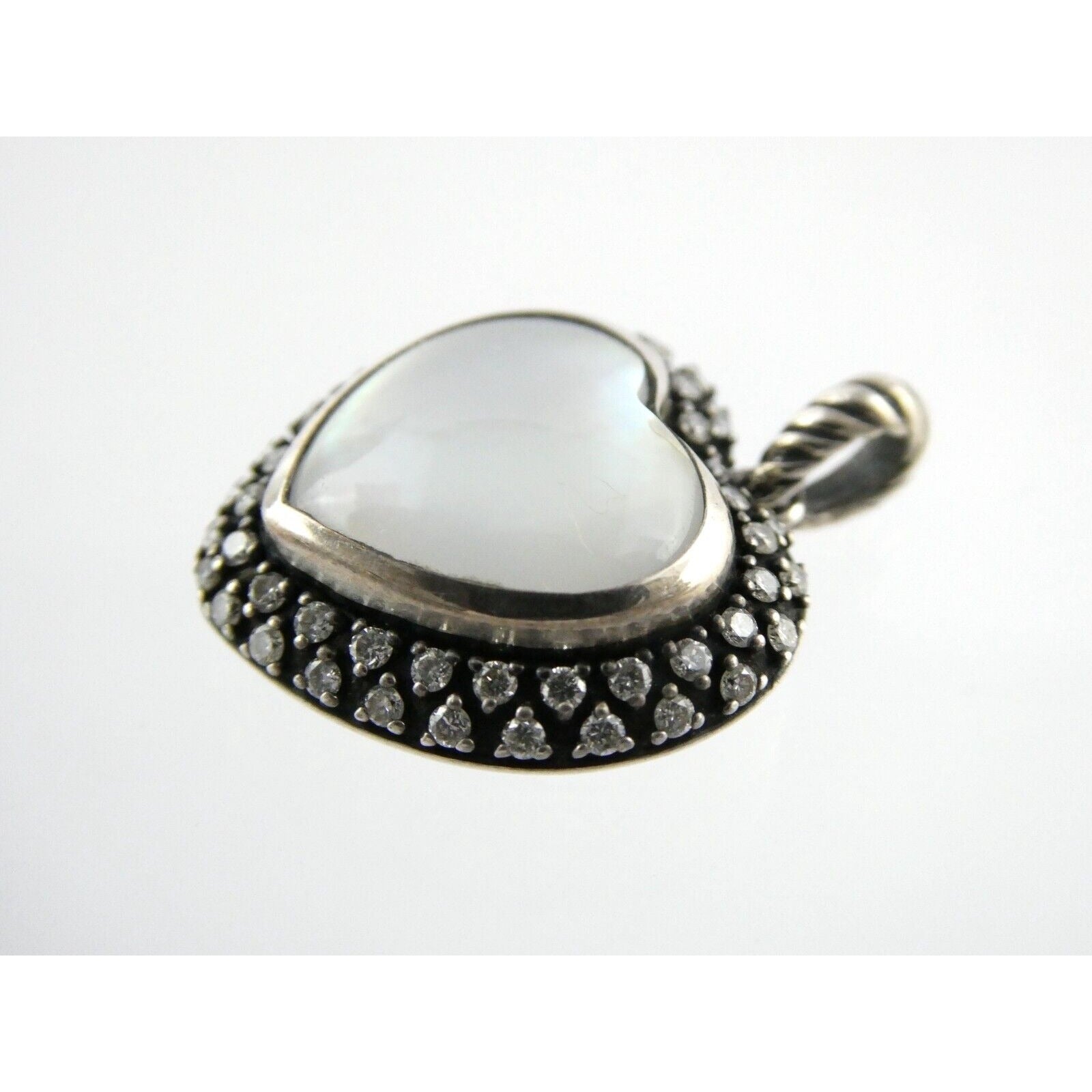 David Yurman Sterling Silver Mother of Pearl Heart Natural Diamond Halo Pendant