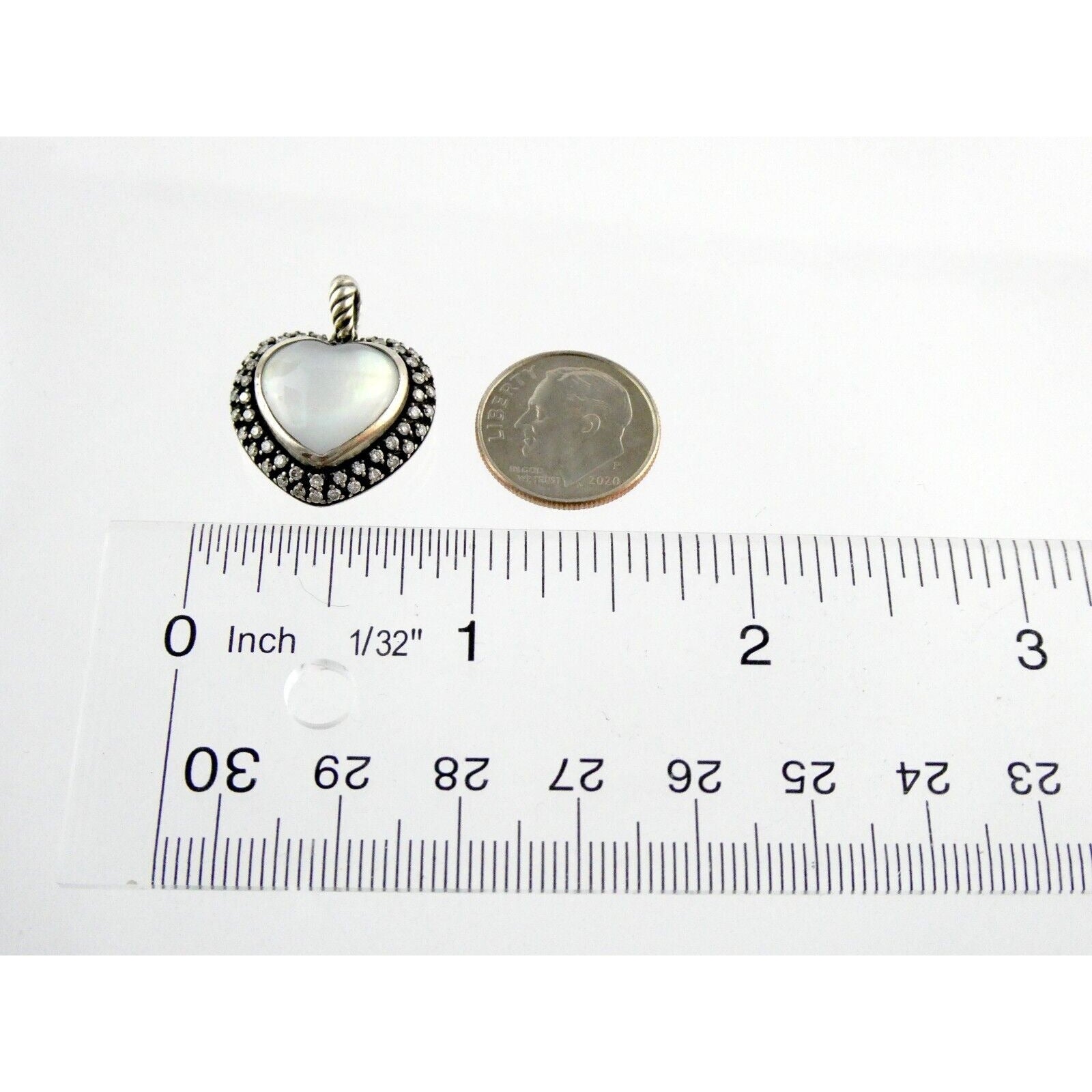 David Yurman Sterling Silver Mother of Pearl Heart Natural Diamond Halo Pendant