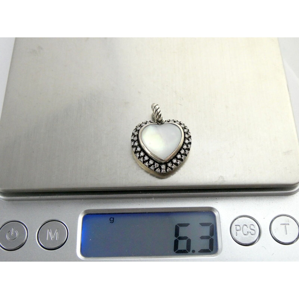 David Yurman Sterling Silver Mother of Pearl Heart Natural Diamond Halo Pendant