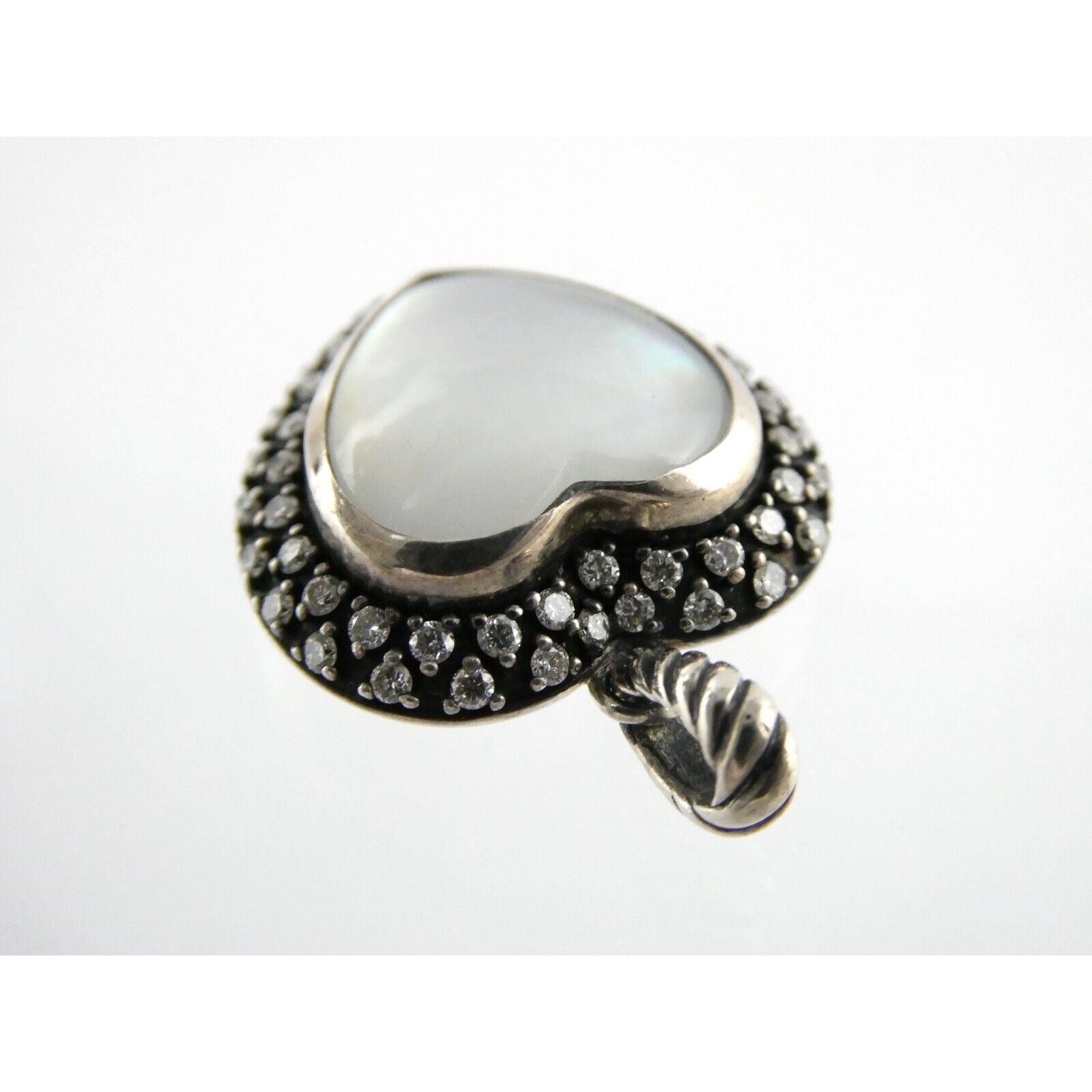 David Yurman Sterling Silver Mother of Pearl Heart Natural Diamond Halo Pendant