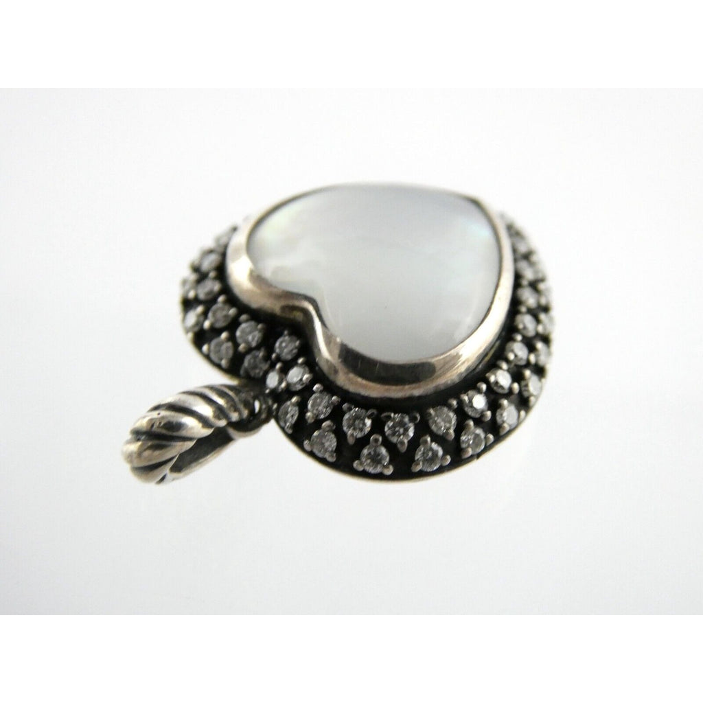 David Yurman Sterling Silver Mother of Pearl Heart Natural Diamond Halo Pendant