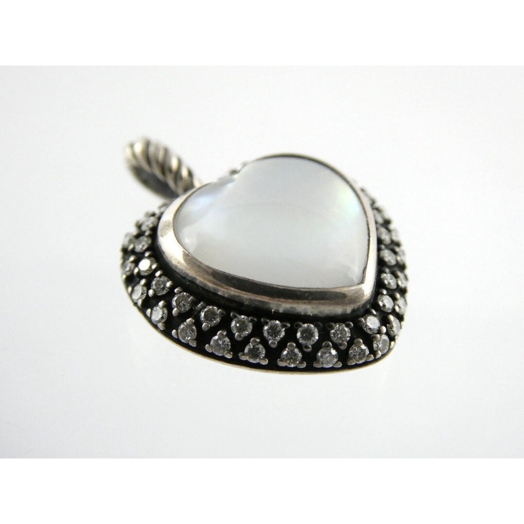 David Yurman Sterling Silver Mother of Pearl Heart Natural Diamond Halo Pendant