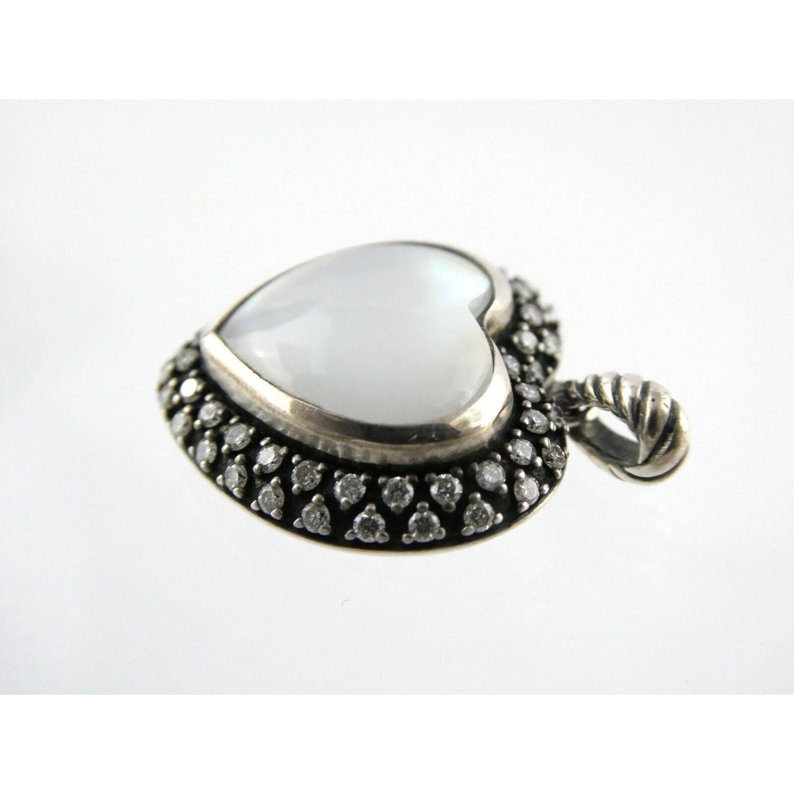 David Yurman Sterling Silver Mother of Pearl Heart Natural Diamond Halo Pendant