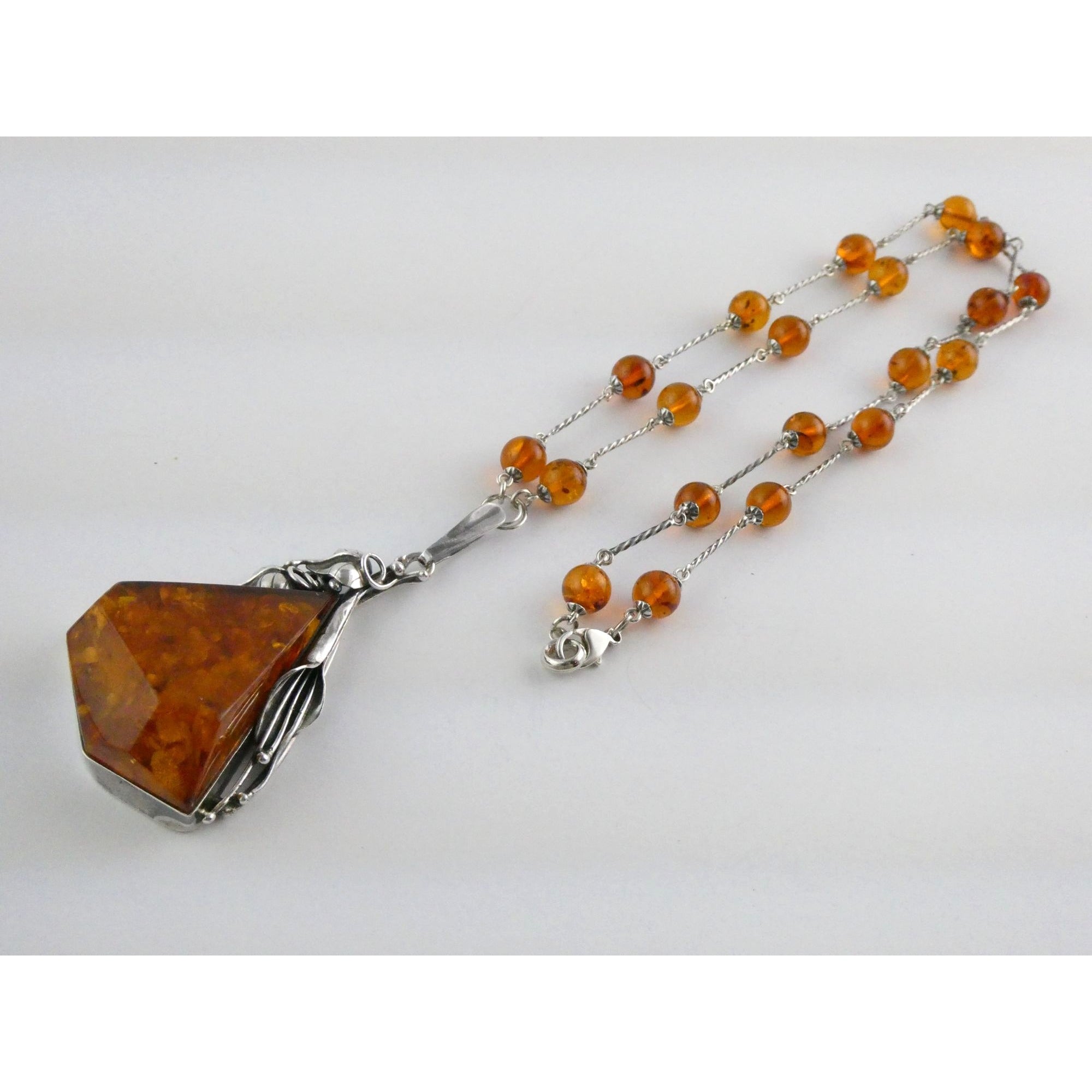 Polish Sterling Silver Baltic Amber Faceted Cabochon Pendant Necklace with Beads