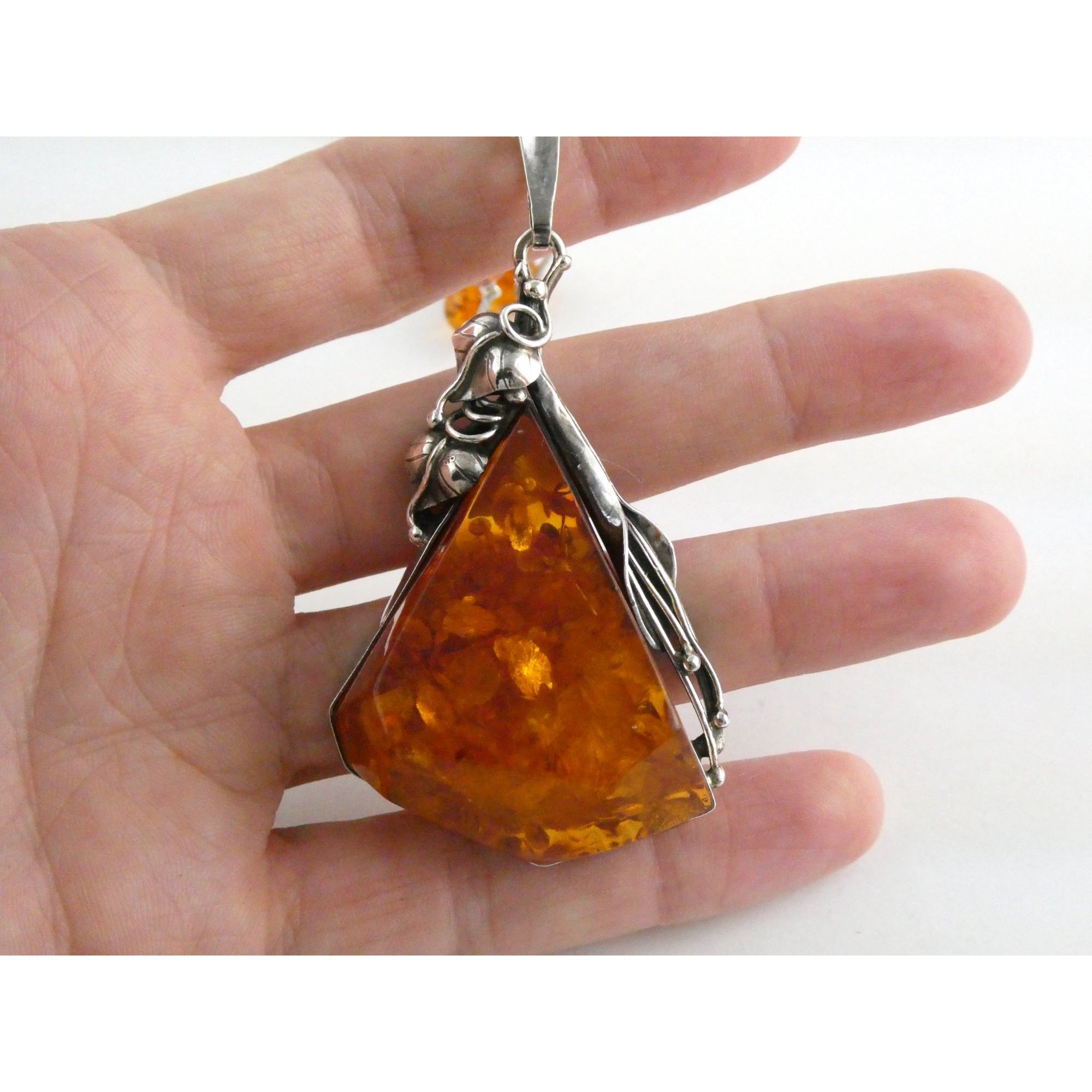 Polish Sterling Silver Baltic Amber Faceted Cabochon Pendant Necklace with Beads