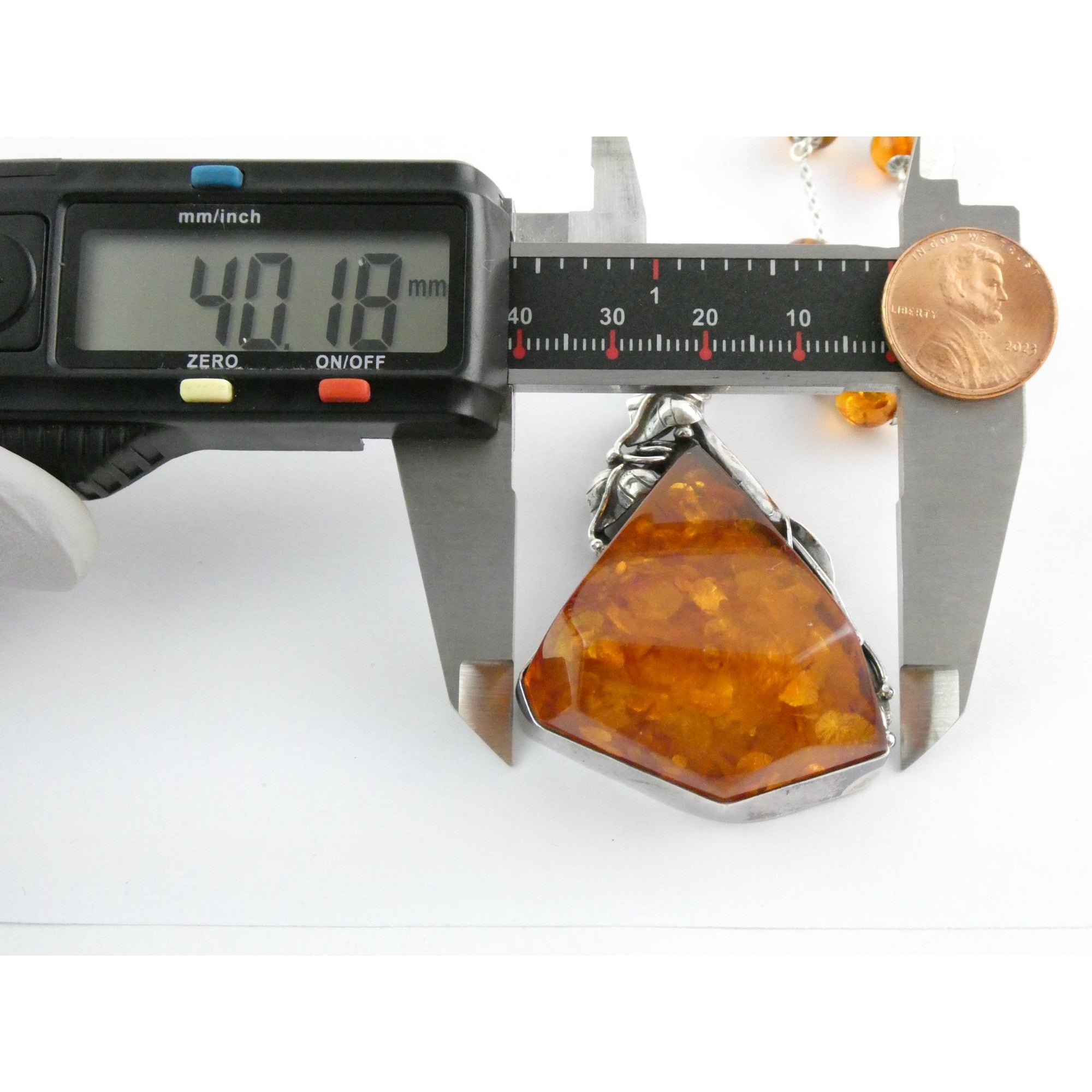 Polish Sterling Silver Baltic Amber Faceted Cabochon Pendant Necklace with Beads