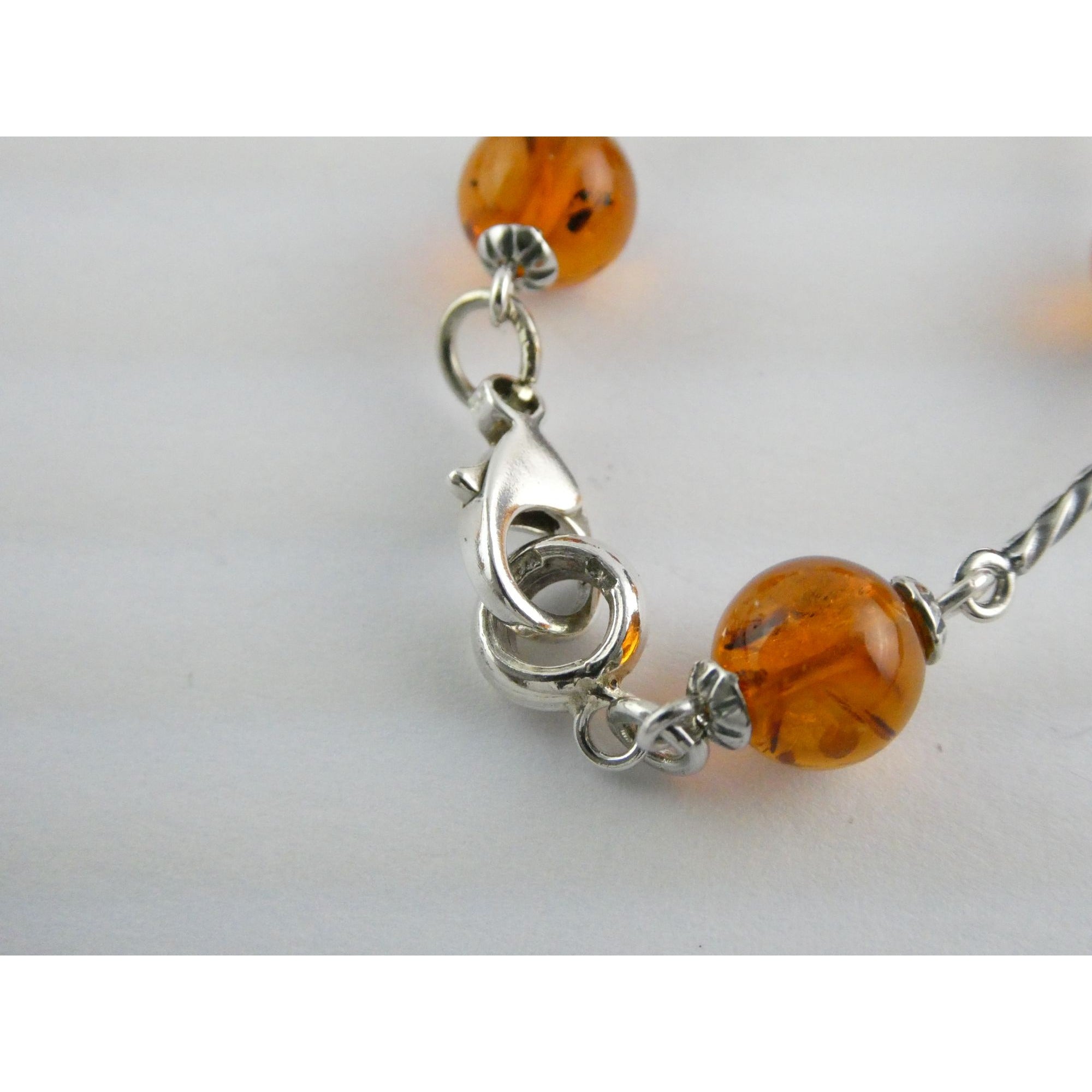 Polish Sterling Silver Baltic Amber Faceted Cabochon Pendant Necklace with Beads