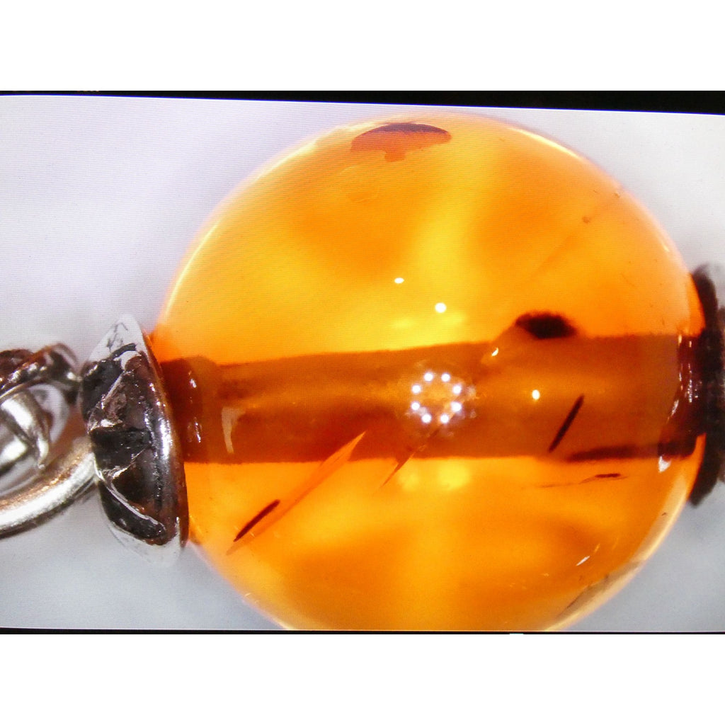 Polish Sterling Silver Baltic Amber Faceted Cabochon Pendant Necklace with Beads