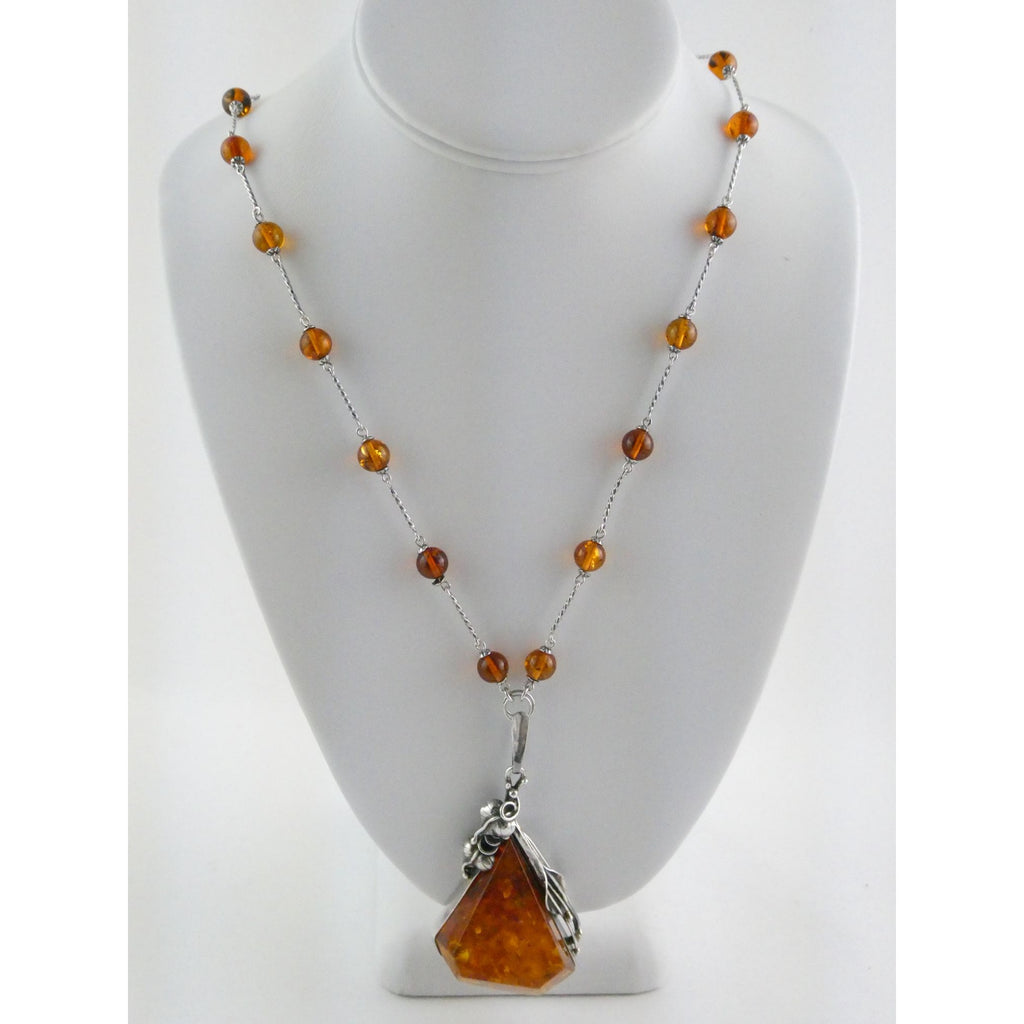 Polish Sterling Silver Baltic Amber Faceted Cabochon Pendant Necklace with Beads