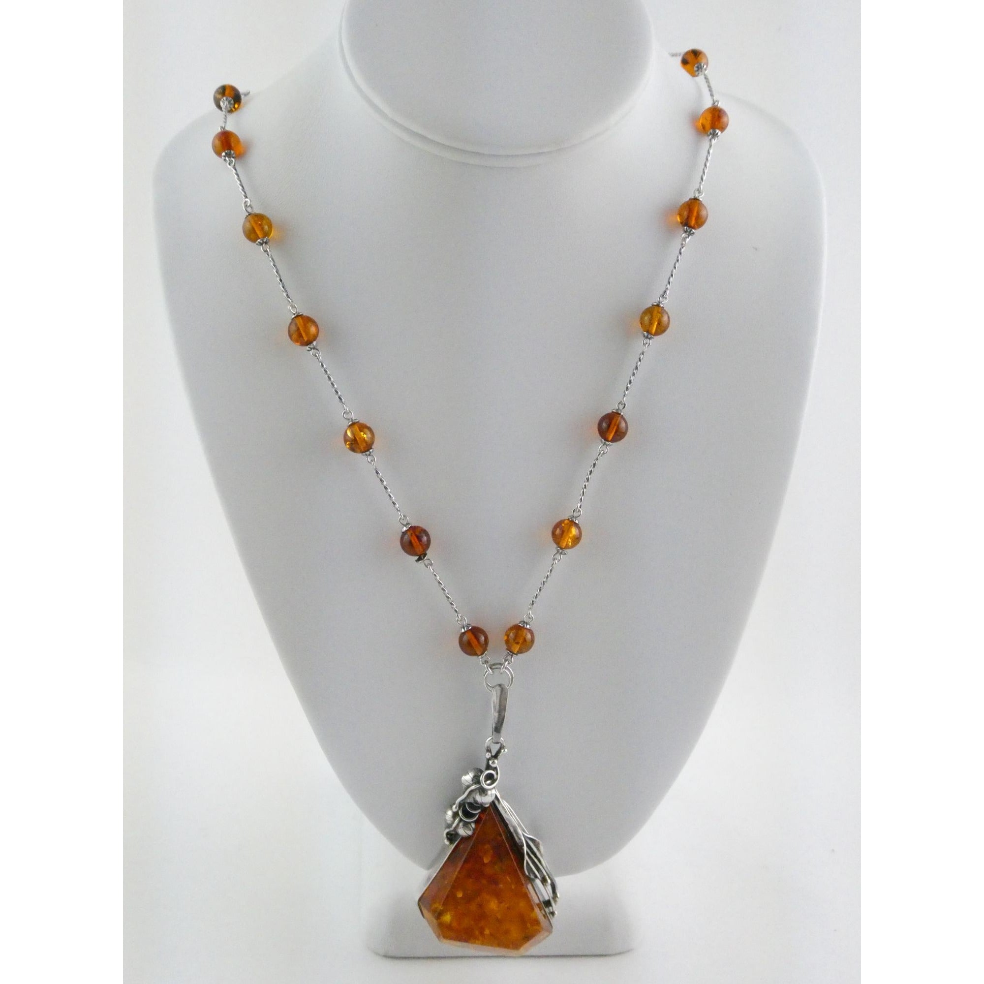Polish Sterling Silver Baltic Amber Faceted Cabochon Pendant Necklace with Beads