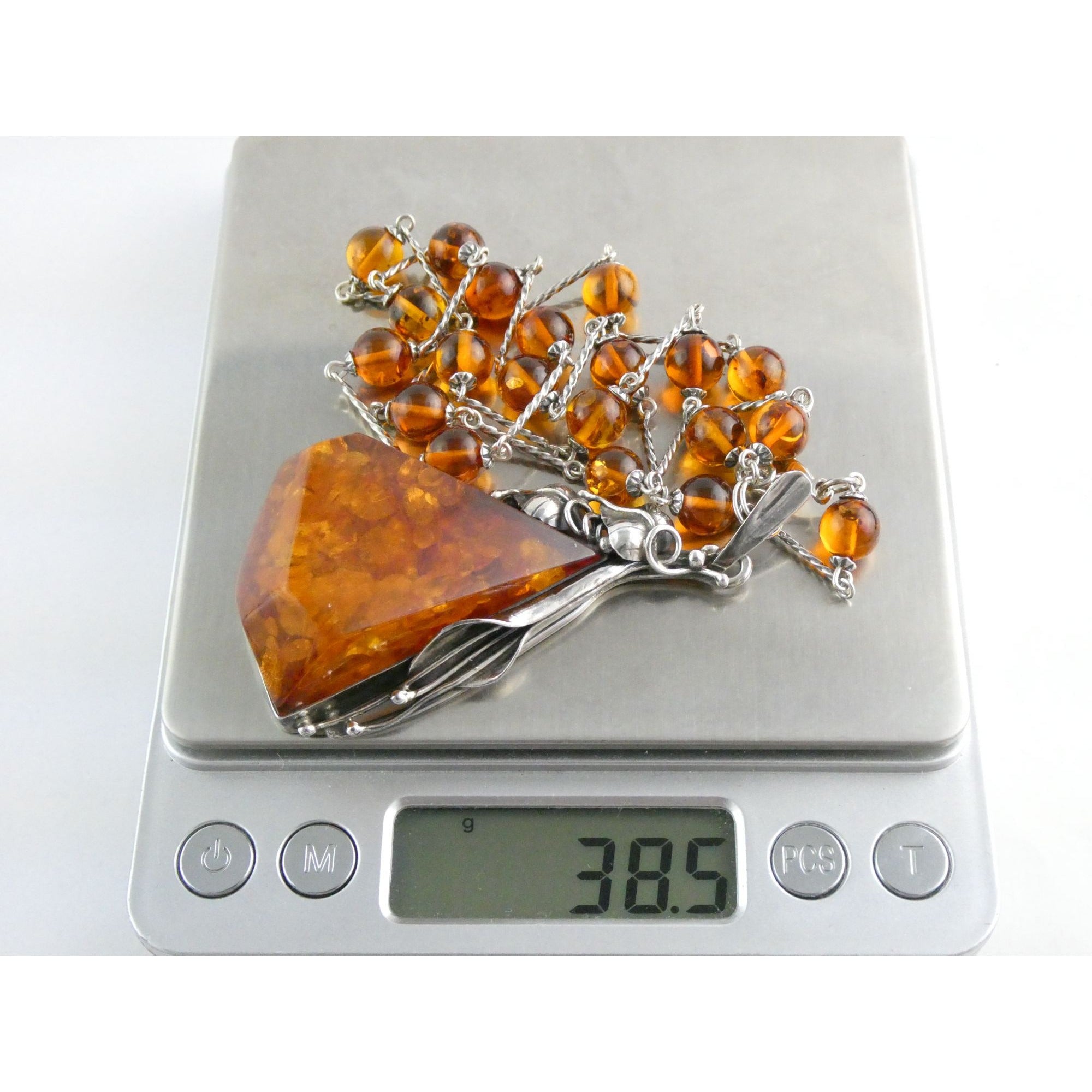 Polish Sterling Silver Baltic Amber Faceted Cabochon Pendant Necklace with Beads