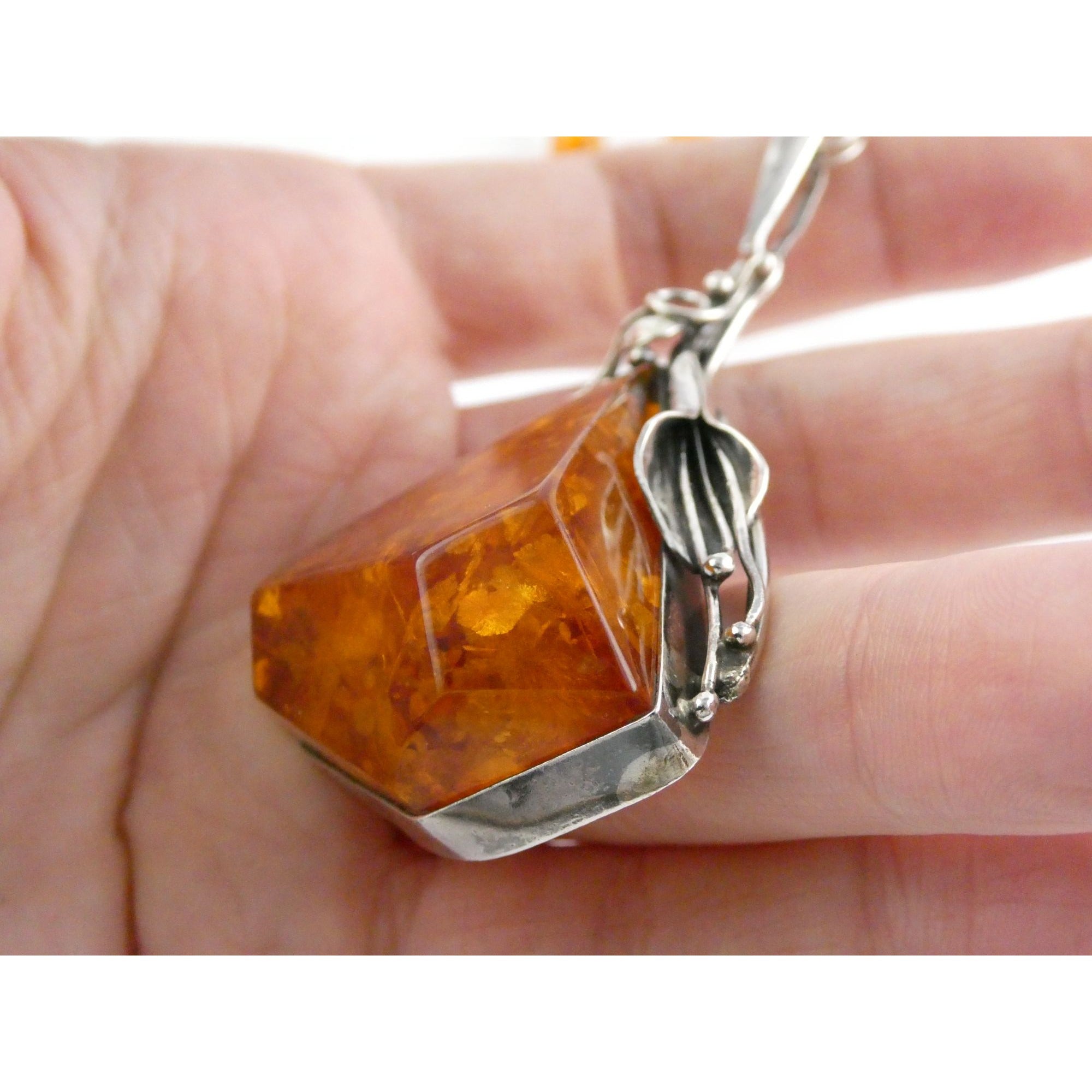 Polish Sterling Silver Baltic Amber Faceted Cabochon Pendant Necklace with Beads