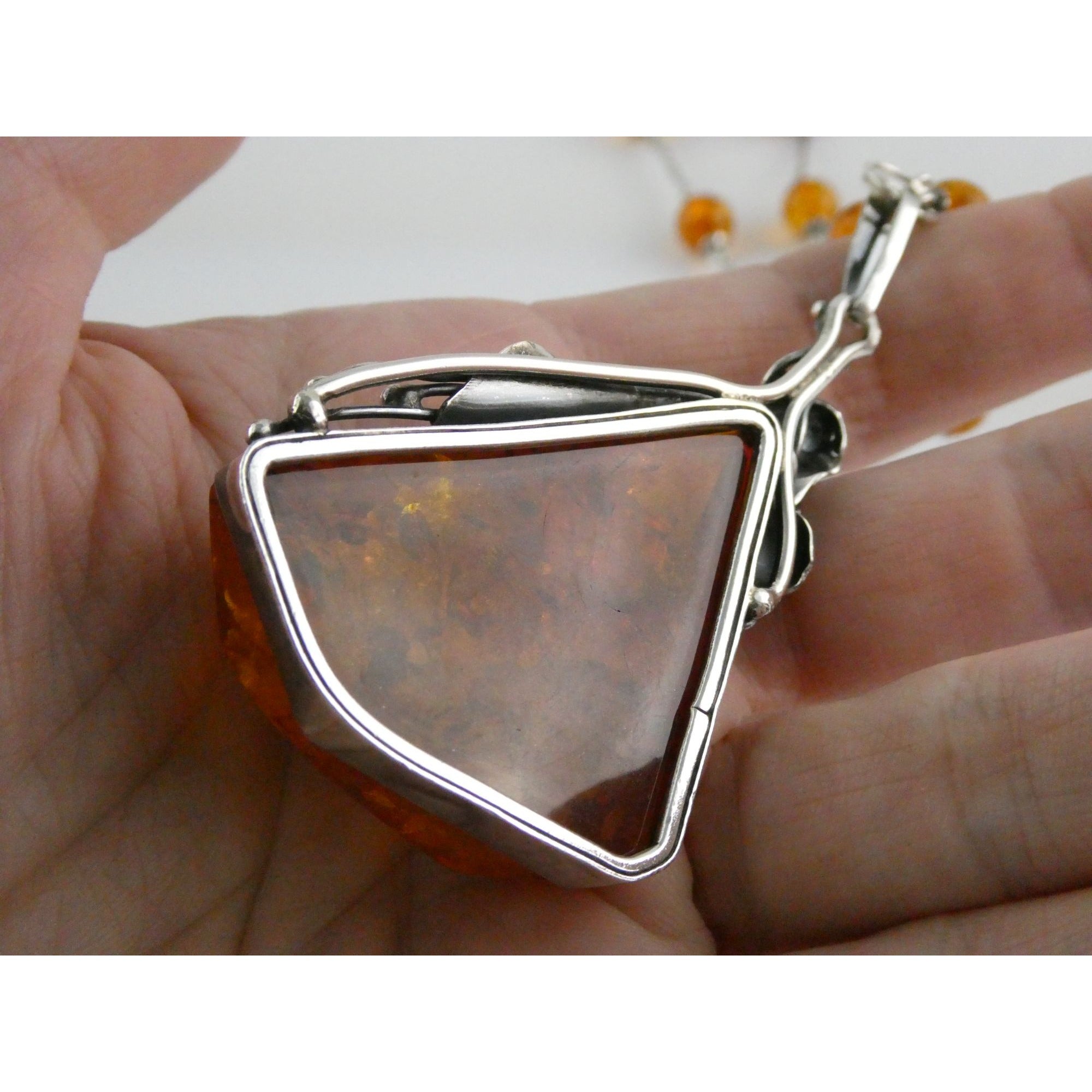 Polish Sterling Silver Baltic Amber Faceted Cabochon Pendant Necklace with Beads
